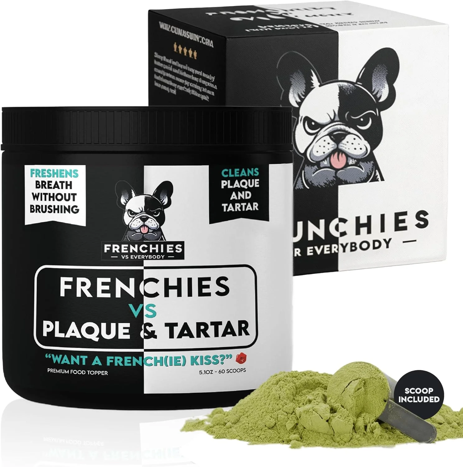 پودر تمیز کننده دندان سگ، بهینه شده برای بولداگ فرانسوی، از بین برنده جرم و پلاک دندان - خوشبو کننده دهان سگ، دندان ها و لثه های قوی - پودر دندان سگ، تمیز کردن آسان دندان - ترکیب گیاهی - ساخت آمریکا (60 پیمانه)