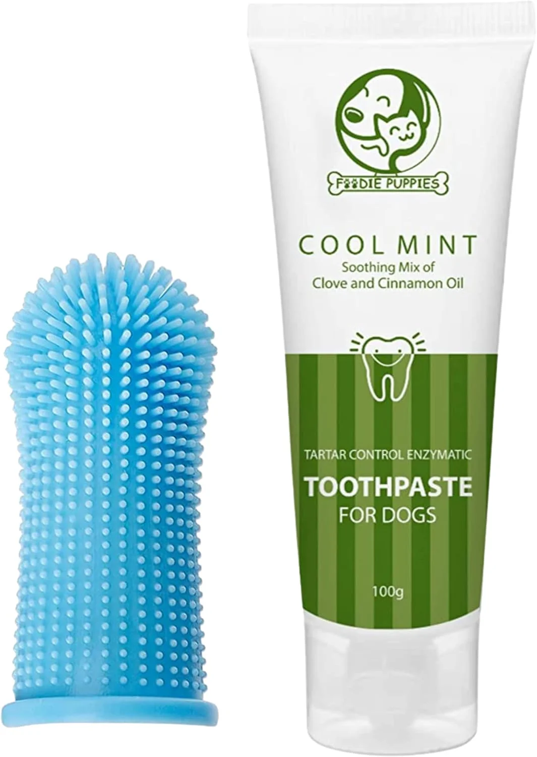 کیت مراقبت از دندان سگ و توله سگ فودی پاپییز | ترکیبی از خمیر دندان نعناع خنک، 100 گرمی و مسواک | کاهش تجمع پلاک و جرم | مخلوط تسکین دهنده روغن میخک و دارچین (کیت دهانی 2 عددی)