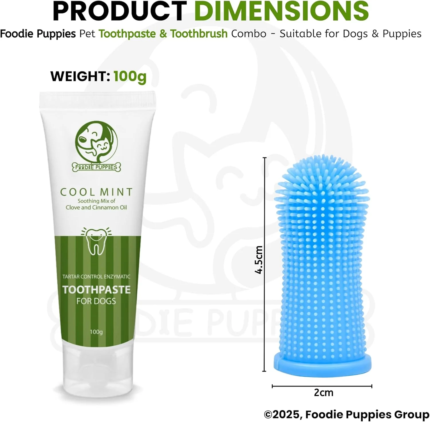 کیت مراقبت از دندان سگ و توله سگ فودی پاپییز | ترکیبی از خمیر دندان نعناع خنک، 100 گرمی و مسواک | کاهش تجمع پلاک و جرم | مخلوط تسکین دهنده روغن میخک و دارچین (کیت دهانی 2 عددی)