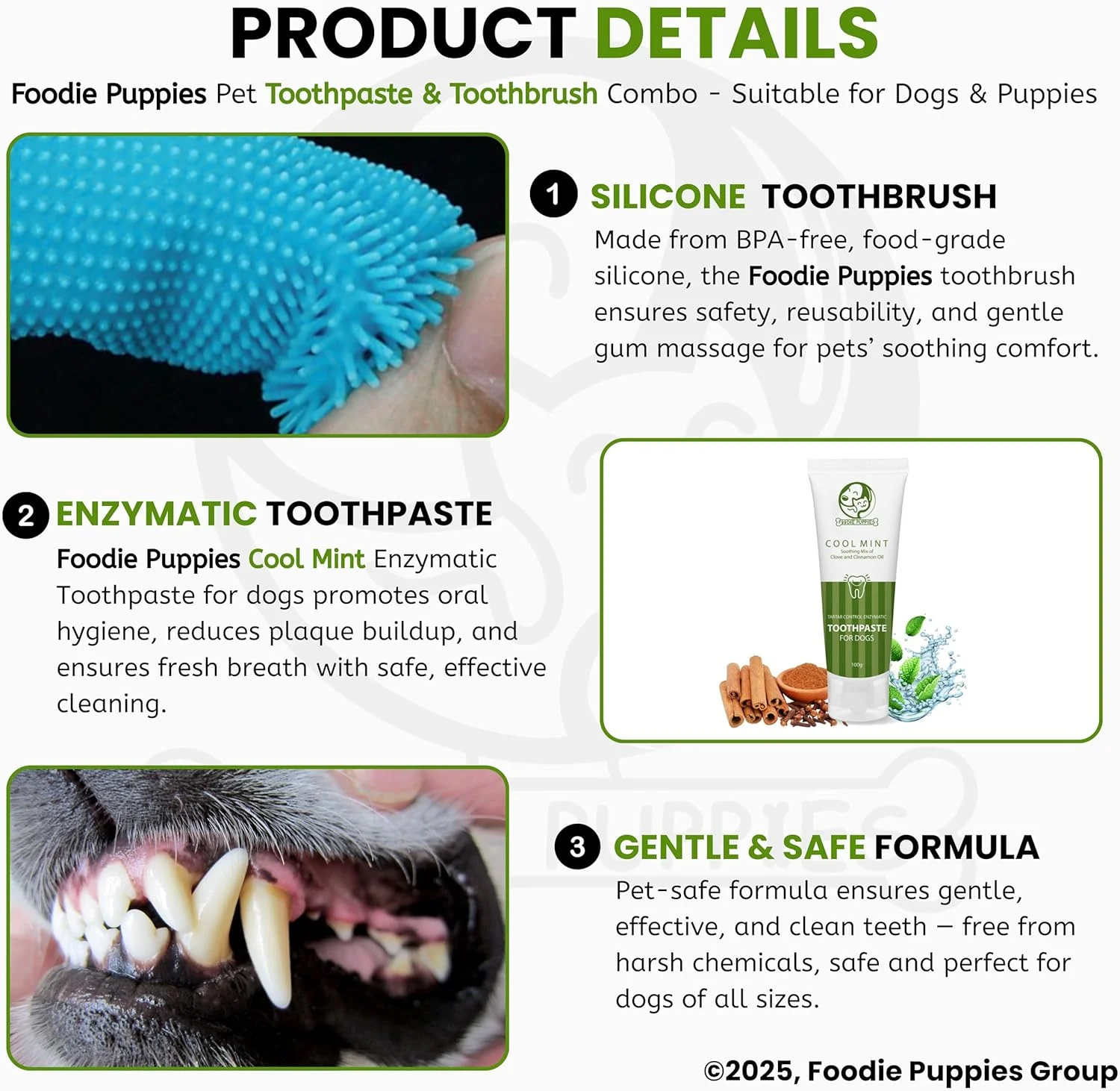 کیت مراقبت از دندان سگ و توله سگ فودی پاپییز | ترکیبی از خمیر دندان نعناع خنک، 100 گرمی و مسواک | کاهش تجمع پلاک و جرم | مخلوط تسکین دهنده روغن میخک و دارچین (کیت دهانی 2 عددی)