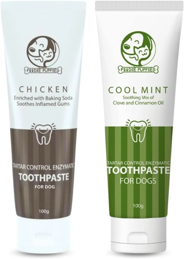 مجموعه مراقبت از دهان و دندان سگ و گربه فودی پاپی شامل خمیر دندان (طعم مرغ و نعناع خنک، 100 گرم) | ترکیبی تسکین دهنده از روغن میخک، روغن دارچین و خمیر دندان آنزیمی کنترل کننده جرم دندان، مناسب برای همه سگ ها و گربه ها
