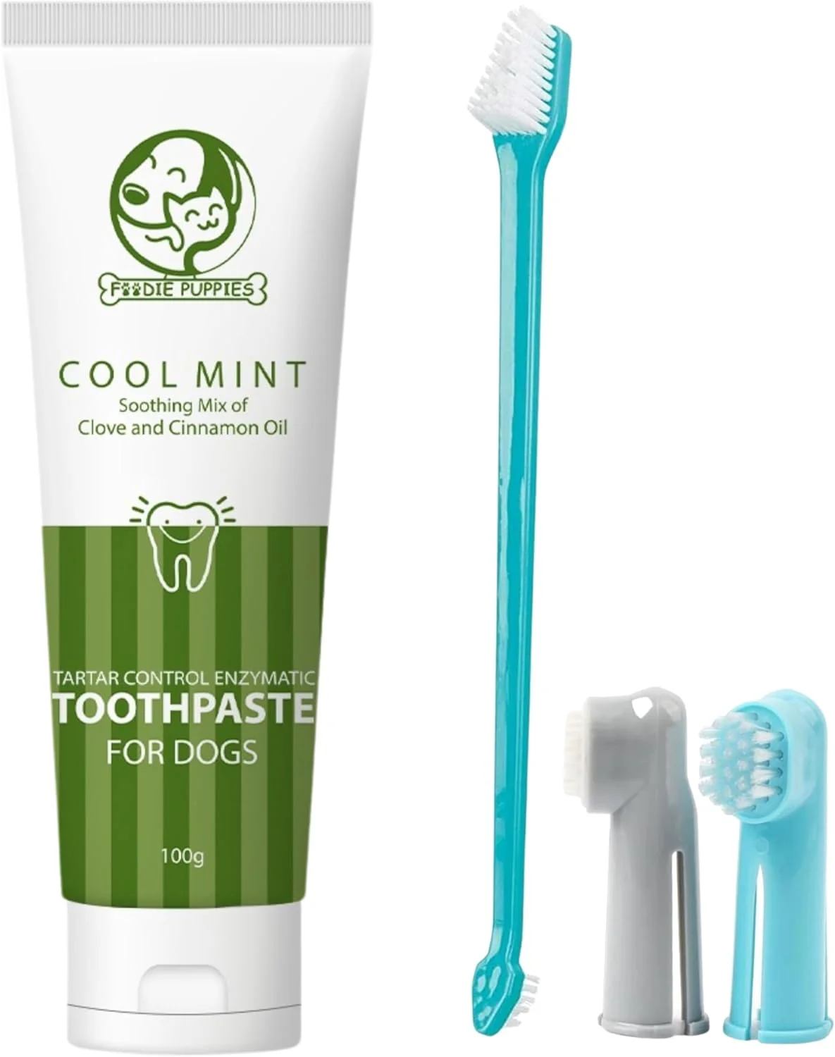 مجموعه مراقبت از دندان سگ ها Foodie Puppies - (خمیر دندان نعنایی - 100 گرم + 3 عدد مسواک) | تسکین دهنده لثه های ملتهب، از بین برنده بوی بد دهان، حاوی روغن میخک و دارچین برای سگ ها و توله سگ ها