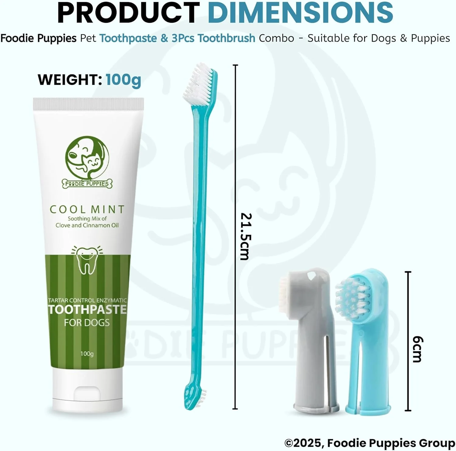 مجموعه مراقبت از دندان سگ ها Foodie Puppies - (خمیر دندان نعنایی - 100 گرم + 3 عدد مسواک) | تسکین دهنده لثه های ملتهب، از بین برنده بوی بد دهان، حاوی روغن میخک و دارچین برای سگ ها و توله سگ ها