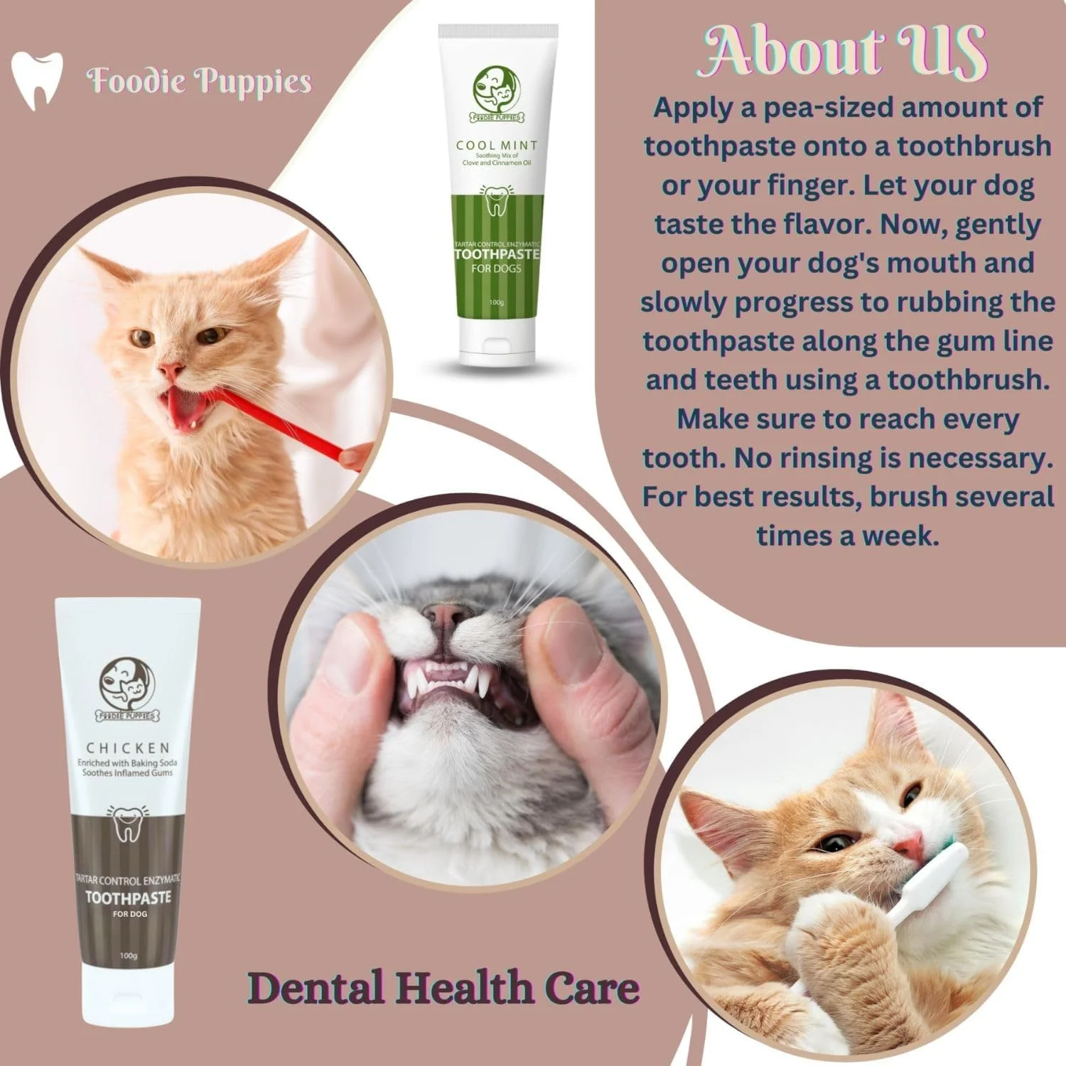 مجموعه مراقبت از دهان و دندان سگ و گربه فودی پاپی شامل خمیر دندان (طعم مرغ و نعناع خنک، 100 گرم) | ترکیبی تسکین دهنده از روغن میخک، روغن دارچین و خمیر دندان آنزیمی کنترل کننده جرم دندان، مناسب برای همه سگ ها و گربه ها