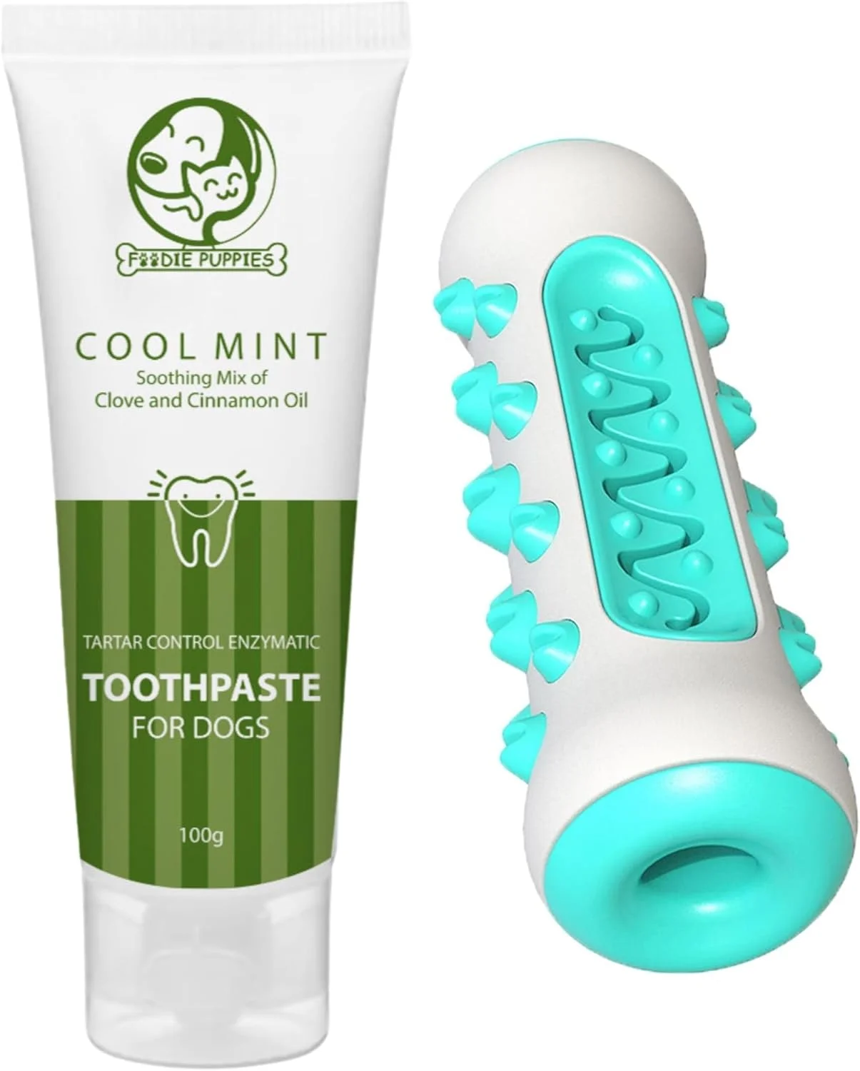 مجموعه مراقبت از دندان سگ 2 در 1 Foodie Puppies شامل خمیر دندان CoolMint - 100 گرمی و مسواک دندانی لاستیکی | ترکیبی تسکین دهنده از روغن میخک، دارچین و استخوان پخش کننده خوراکی برای سگ های کوچک و متوسط