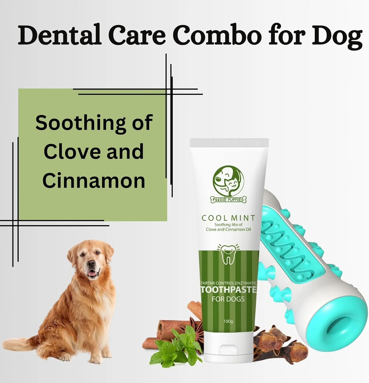 مجموعه مراقبت از دندان سگ 2 در 1 Foodie Puppies شامل خمیر دندان CoolMint - 100 گرمی و مسواک دندانی لاستیکی | ترکیبی تسکین دهنده از روغن میخک، دارچین و استخوان پخش کننده خوراکی برای سگ های کوچک و متوسط