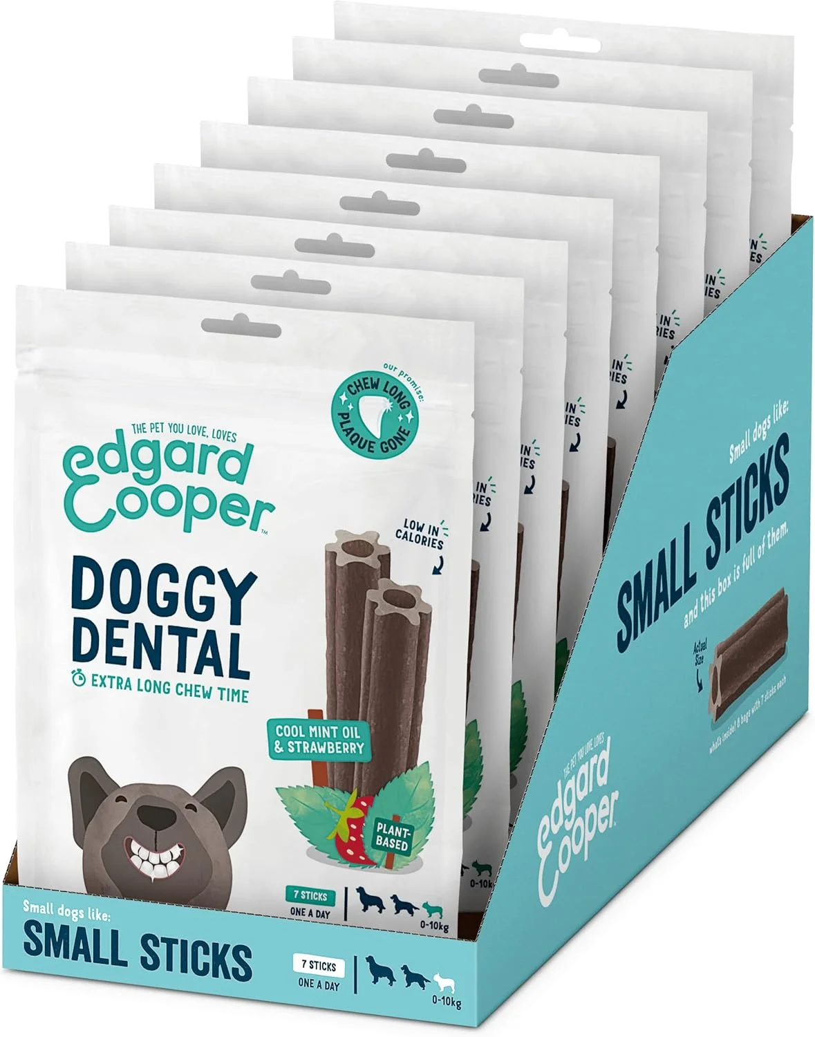 تشویقی سگ ادگارد کوپر، استیک دندانی کوچک - نعناع و توت فرنگی - (بسته 8 عددی 7 استیکی)، استیک جویدنی طبیعی سگ، بهداشت دهان و دندان، یک عدد در روز، کم کالری، جویدن طولانی، تنفس تازه