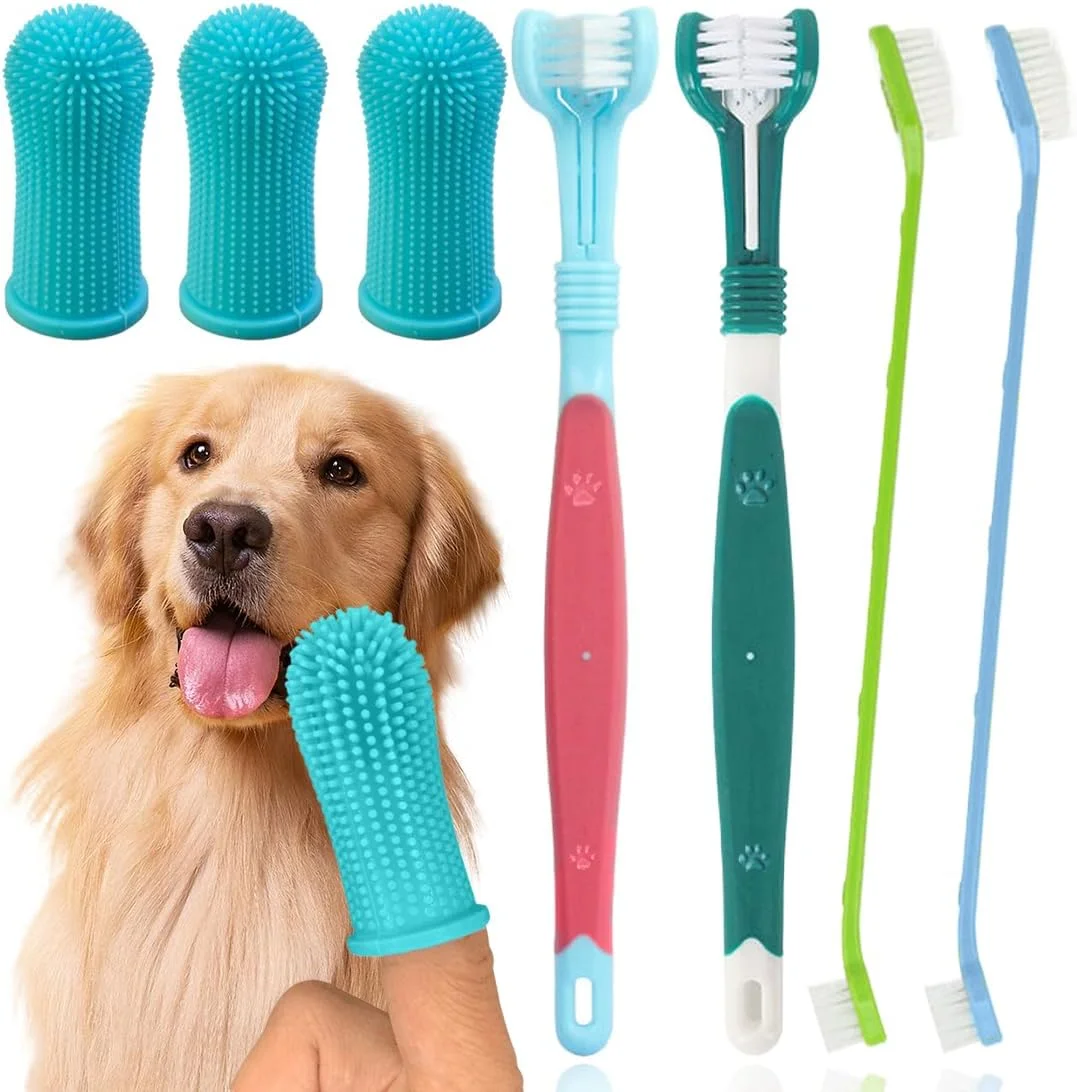مجموعه مسواک سگ، 2 عدد مسواک سگ سه سر، 3 عدد مسواک انگشتی، 2 عدد مسواک دو سر، برای حیوانات خانگی کوچک، متوسط و بزرگ، مجموعه تمیز کننده دندان چند زاویه ای
