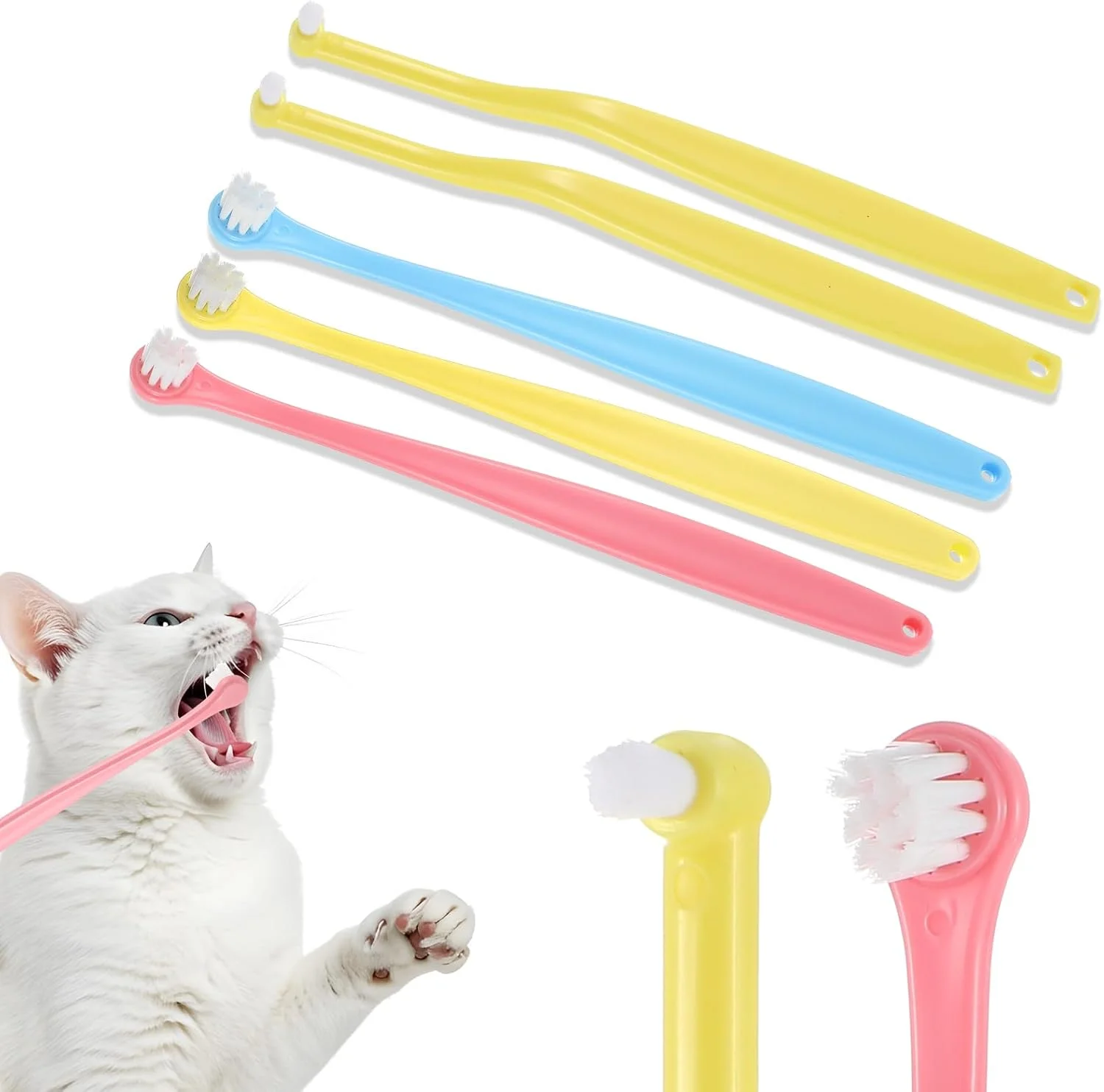ست ۵ عددی مسواک کوچک سگ و گربه با سر میکرو، کاربری آسان، تمیز کننده چند زاویه ای، مسواک های گرد و نوک تیز، مسواک زدن دندان گربه، صورتی زرد آبی