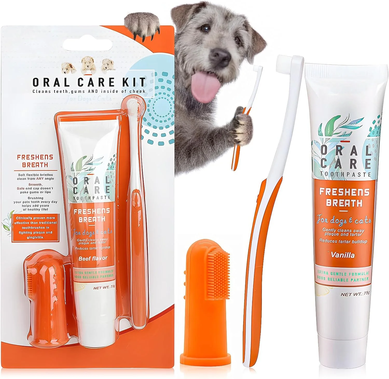 خمیر دندان سگ، مسواک سگ، مراقبت از دندان سگ، خمیر دندان برای تمیز کردن دندان سگ، طعم گوشت گاو، برای حفظ سلامت دهان و دندان حیوان خانگی شما، بسته 3 عددی