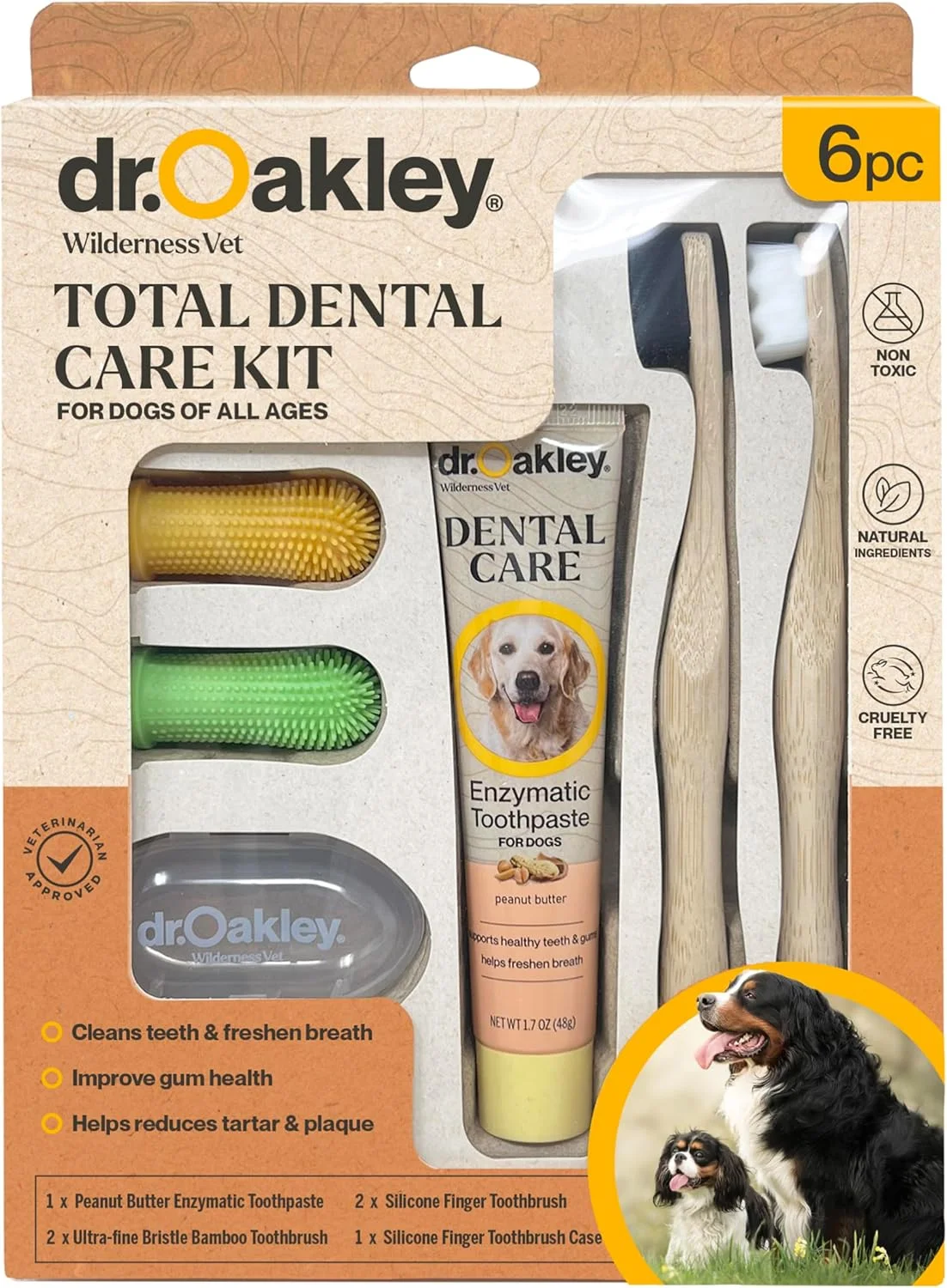 کیت کامل مراقبت از دندان سگ دکتر اوکلی با طعم کره بادام زمینی - خمیر دندان، برس ها و جعبه