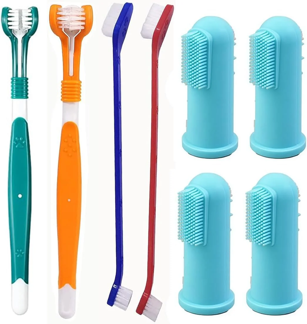 ست مسواک سگ، 2 عدد مسواک سگ با سه سر، 2 عدد مسواک دو سر، 4 عدد مسواک انگشتی، مسواک برای سگ ها، مسواک سه سر برای گربه ها و سگ های کوچک