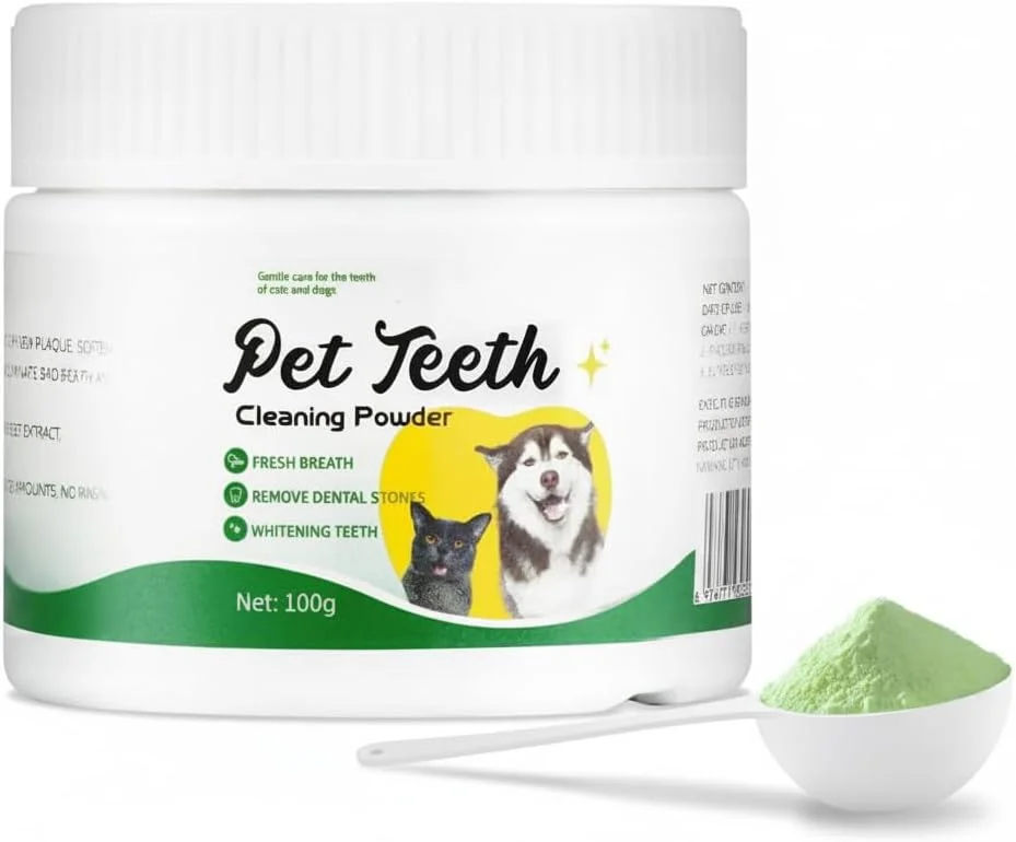 پودر بهداشت دهان و دندان سگ، پودر تمیز کننده دندان سگ، تنفس تازه، مراقبت از دندان، تمیز کردن دندان، خوشبو کننده دهان، بهبود سلامت دهان و دستگاه گوارش، مناسب برای سگ های بزرگ و کوچک