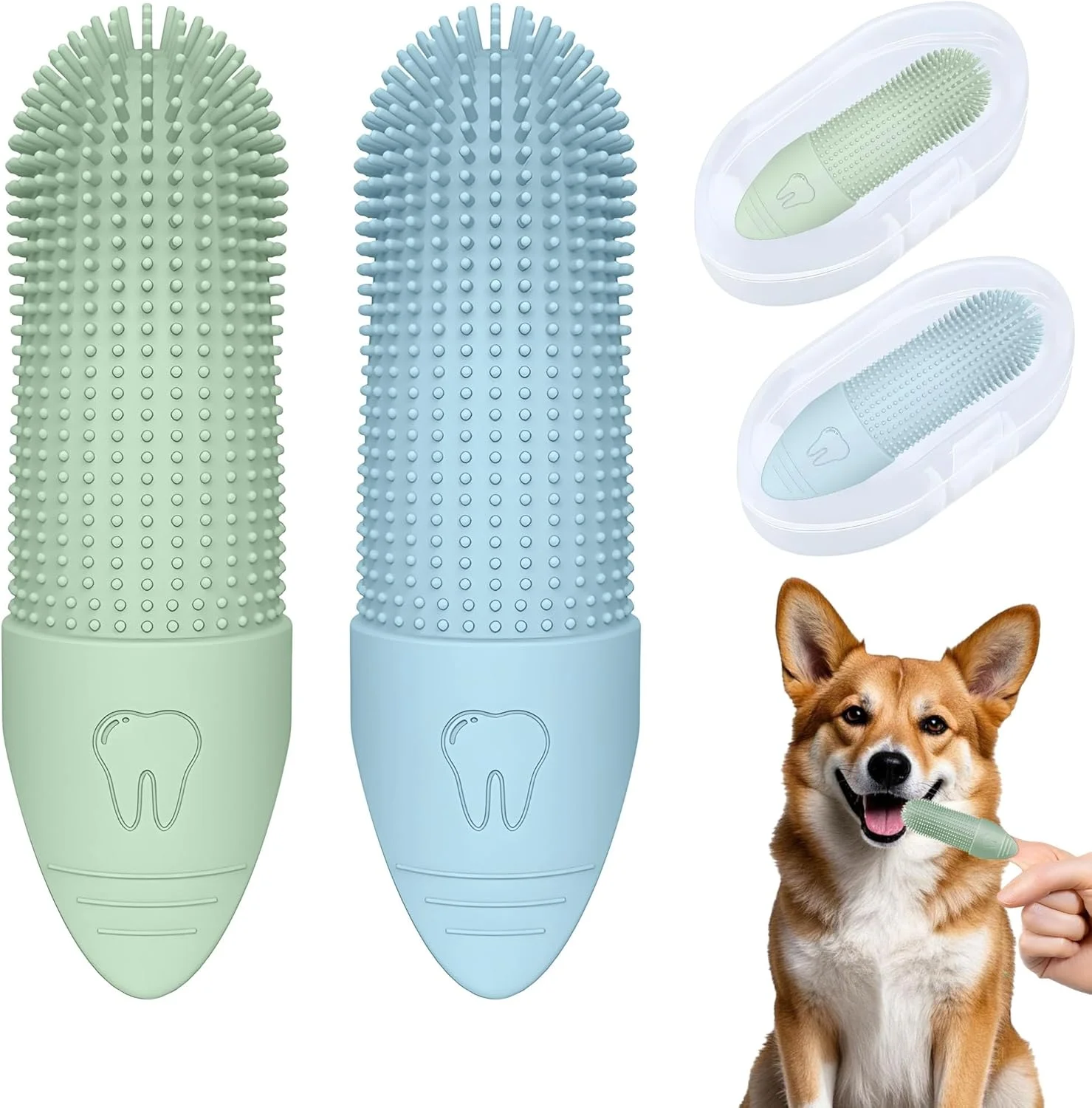 مجموعه دو عددی مسواک انگشتی سگ همراه با جعبه نگهداری، مسواک مویی 360 درجه برای سگ ها و گربه ها، مسواک توله سگ برای تمیز کردن ملایم دندان های حیوانات خانگی، برس دندان سگ سیلیکونی نرم در رنگ های سبز و آبی