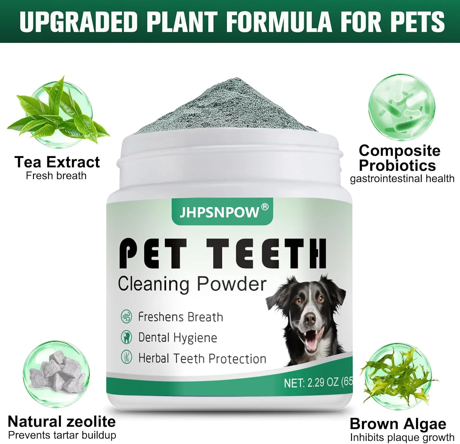 پودر تمیز کننده دندان سگ، پودرهای دندان گربه برای سلامت لثه و دهان، پودر از بین برنده پلاک برای توله سگ در هر سنی، مراقبت از دهان، از بین برنده جرم و بوی بد دهان، خوشبو کننده طبیعی دهان 65 گرم