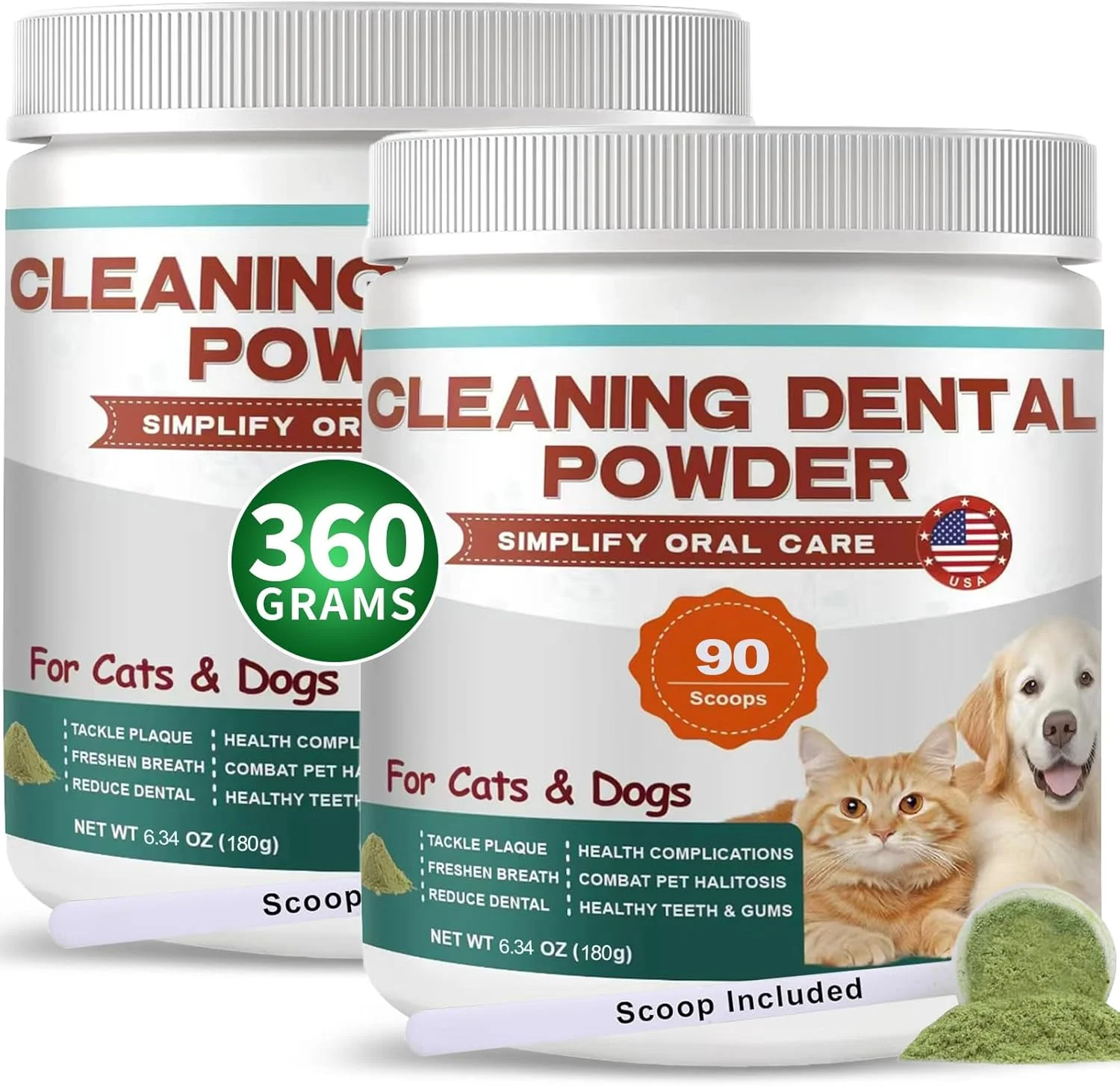 پودر تمیز کننده دندان سگ، خوشبو کننده دهان با ترکیب گیاهی طبیعی، هدف قرار دادن جرم دندان، کاهش پلاک و بوی بد دهان، مراقبت آسان از دندان برای تمام سنین، 360 گرم