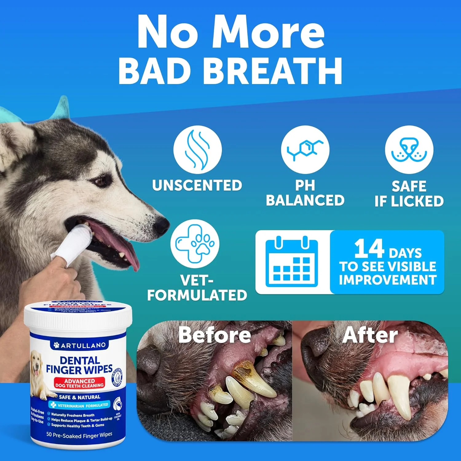 دستمال مرطوب تمیز کننده دندان سگ - 50 عدد دستمال انگشتی مراقبت از دندان سگ - مسواک انگشتی برای از بین بردن پلاک، جرم و بوی بد دهان - طراوت دهان، پشتیبانی از دندان و لثه سالم با روغن نارگیل، بدون بو