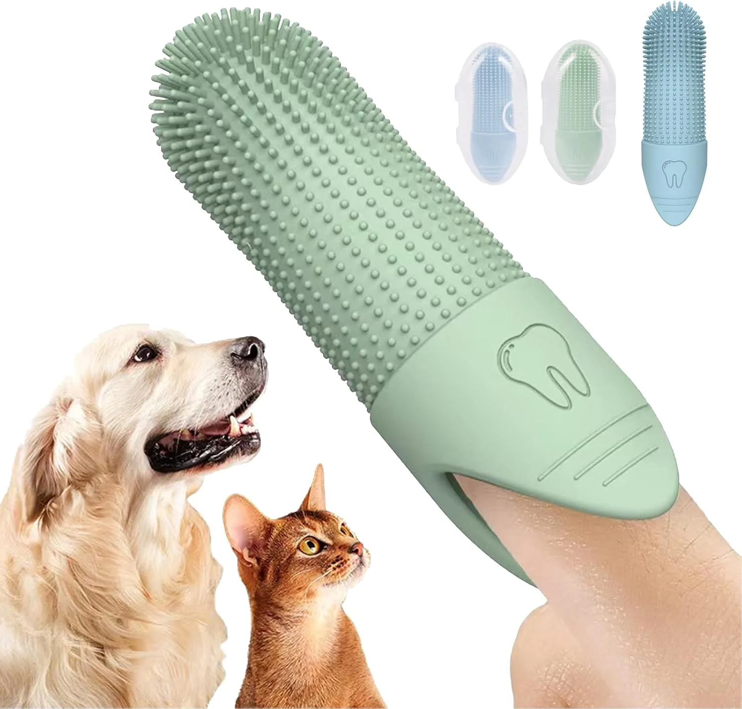 مسواک انگشتی سگ و گربه | برس های سیلیکونی نرم 360 درجه برای سگ ها و گربه ها | از بین برنده موثر پلاک و جرم | مبارزه با بوی بد دهان | شامل جعبه مسافرتی بهداشتی - بسته 2 عددی