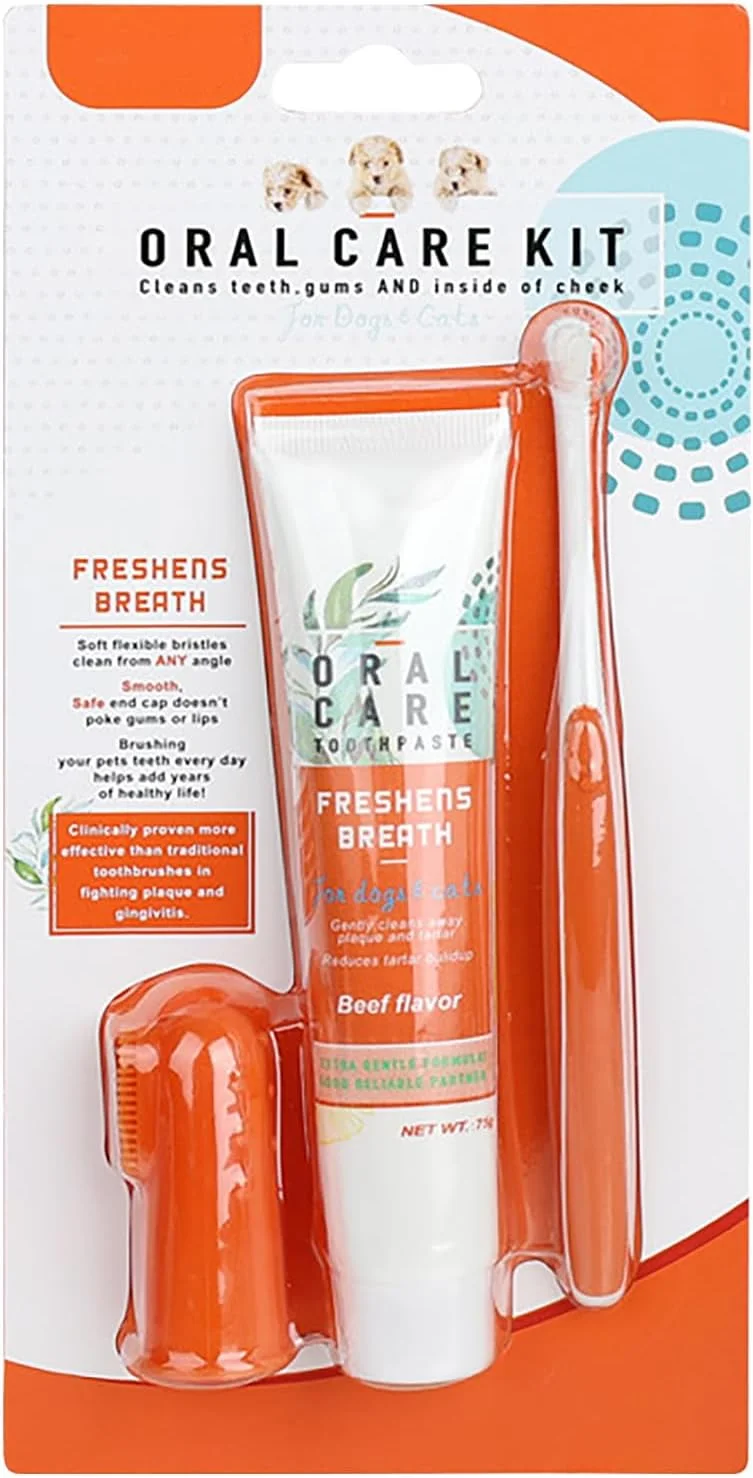 مجموعه مراقبت از دندان سگ دنداون، خمیر دندان سگ برای از بین بردن جرم، به همراه خمیر دندان سگ، مسواک انگشتی مراقبت از دندان سگ و مسواک سگ، خمیر دندان سگ برای رفع بوی بد دهان