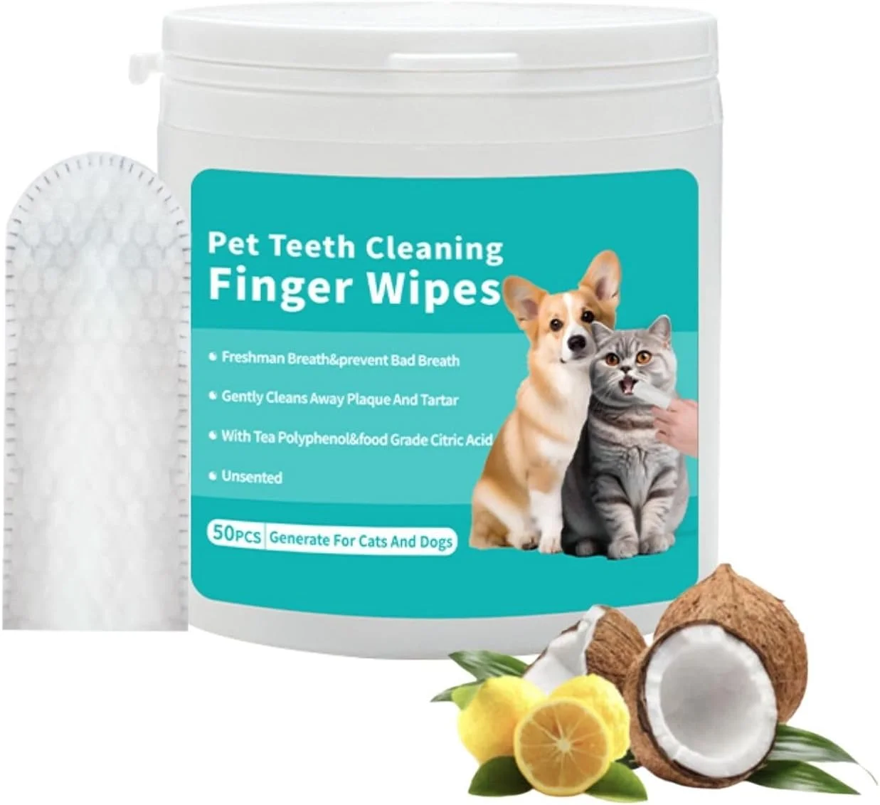 دستمال مرطوب تمیز کننده دندان سگ - دستمال دندان سگ، انگشتی مسواک سگ - دستمال مرطوب انگشتی دندان حیوانات خانگی برای سگ ها - بهداشت دهان و دندان موثر برای تنفس تازه و لثه های سالم - 50 عدد