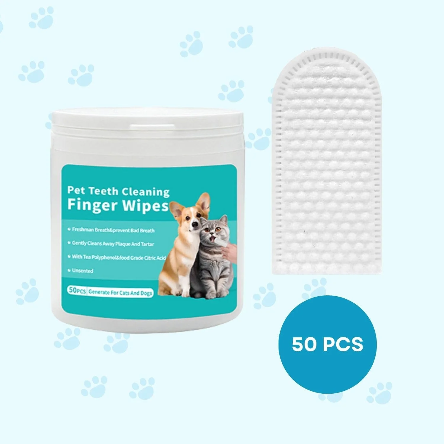 دستمال مرطوب تمیز کننده دندان سگ - دستمال دندان سگ، انگشتی مسواک سگ - دستمال مرطوب انگشتی دندان حیوانات خانگی برای سگ ها - بهداشت دهان و دندان موثر برای تنفس تازه و لثه های سالم - 50 عدد