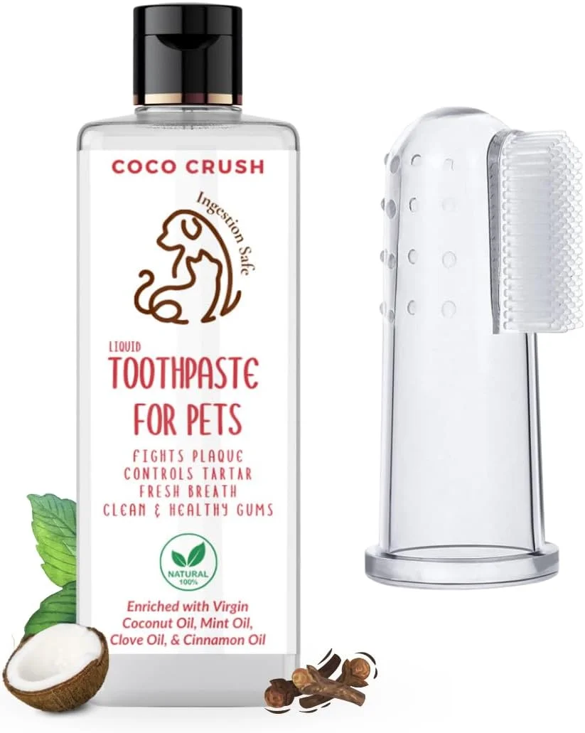 خمیر دندان مایع طبیعی Coco Crush برای حیوانات خانگی و مسواک انگشتی | طعم میخک، نعناع و دارچین | مبارزه با پلاک و جرم | ایمن برای بلعیدن، برای سگ ها، گربه ها، توله سگ ها، بچه گربه ها (50 میلی لیتر) - دستی، بزرگسال، کودک، 1 عدد