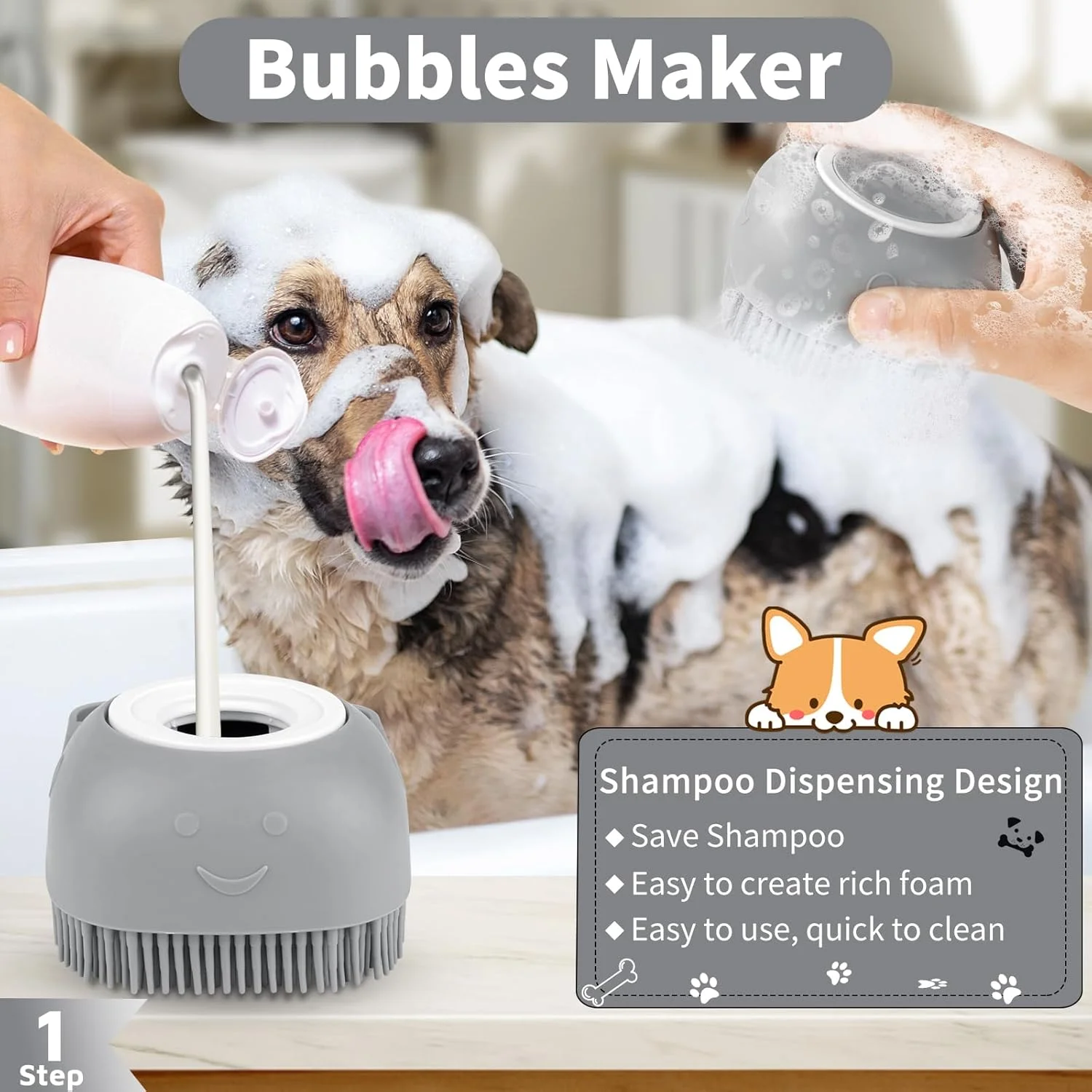 برس حمام سگ Comotech (شش تکه) و مسواک سگ | برس شامپو و اسکرابر با دسته قابل تنظیم برای سگ ها و گربه های مو کوتاه و بلند | به طور موثر مشکلات بو و لکه را حل می کند (خاکستری خاکستری مشکی)