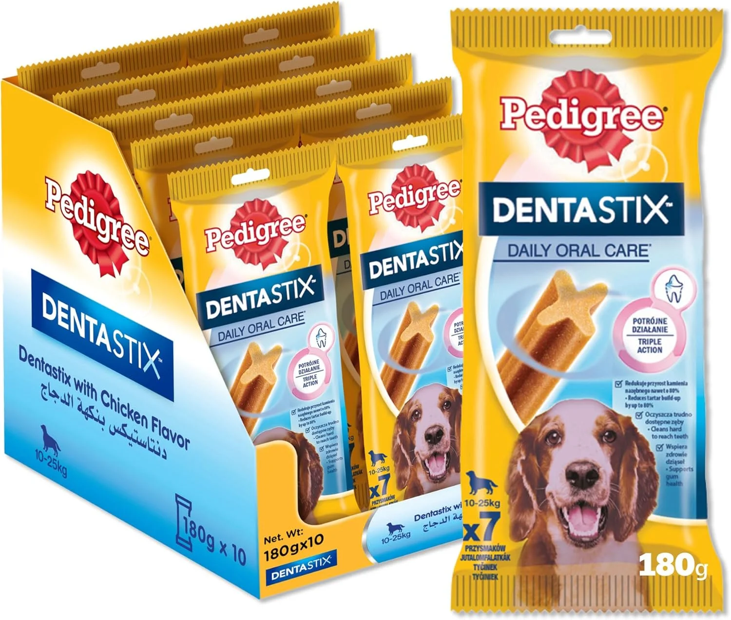 تشویقی سگ پدیگری، دنتال استیکس، طعم مرغ، بسته 10 عددی 180 گرمی، فواید بهداشت دهان و دندان، تشویقی های سگ توسعه یافته توسط دامپزشکان