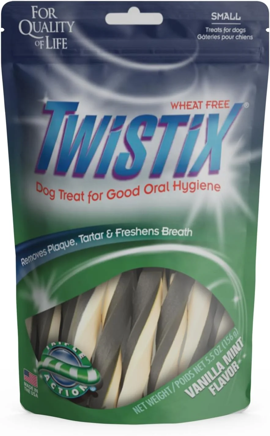 تشویقی سگ Twistix با طعم وانیل نعناع، کم چرب و پروتئین بالا، مناسب بهداشت دهان و دندان سگ در تمام مراحل زندگی، از بین برنده پلاک، جرم و خوشبو کننده دهان | تشویقی جویدنی دندان سگ 156.1 گرم، 14 عدد