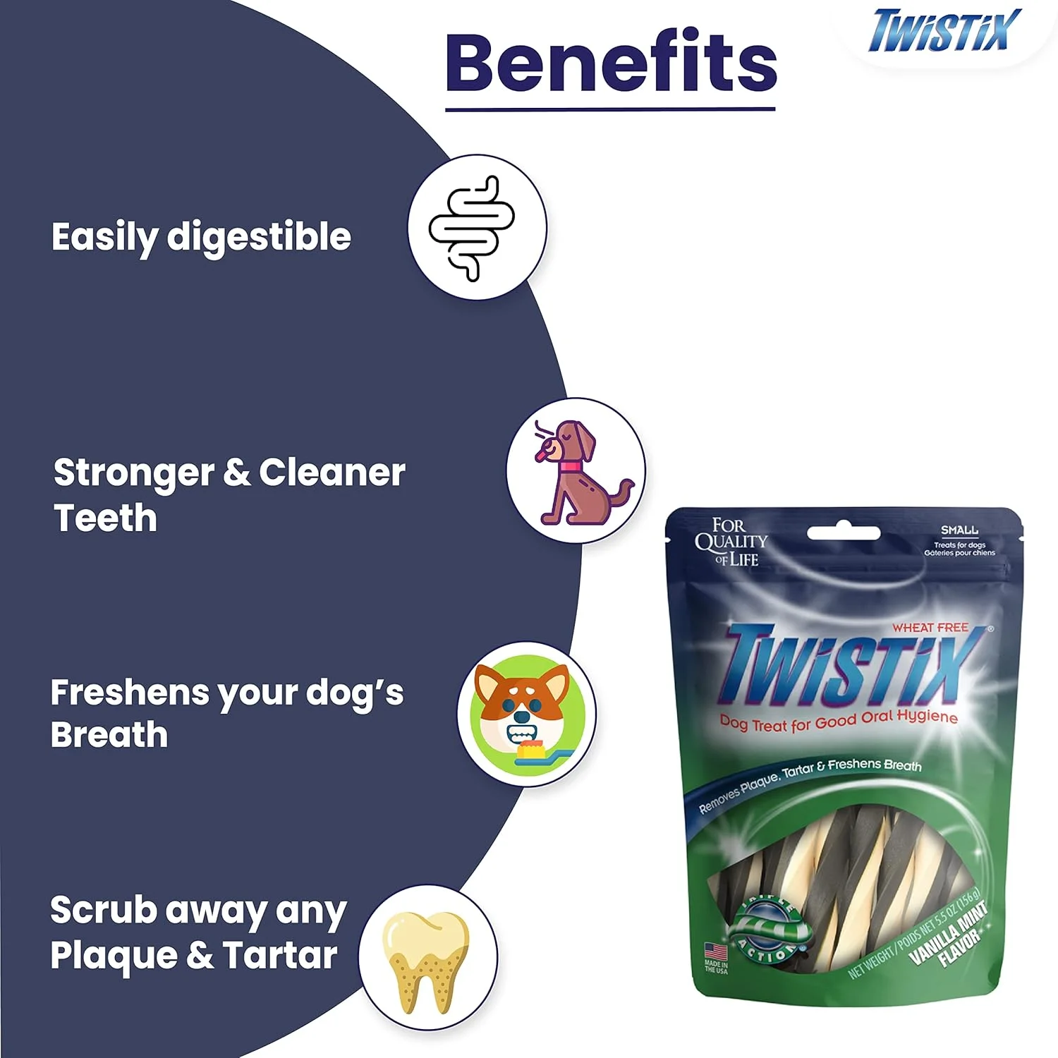 تشویقی سگ Twistix با طعم وانیل نعناع، کم چرب و پروتئین بالا، مناسب بهداشت دهان و دندان سگ در تمام مراحل زندگی، از بین برنده پلاک، جرم و خوشبو کننده دهان | تشویقی جویدنی دندان سگ 156.1 گرم، 14 عدد