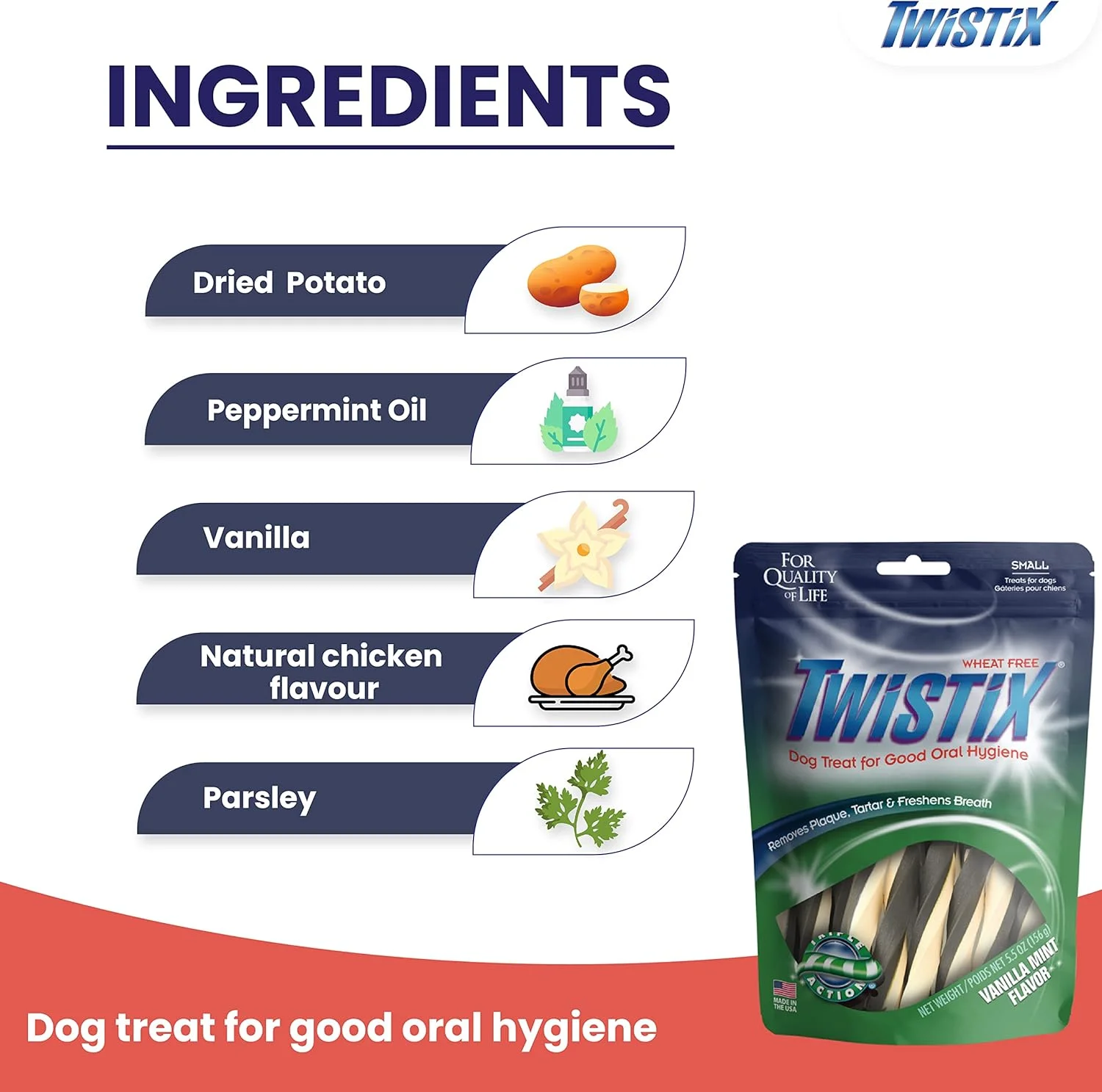 تشویقی سگ Twistix با طعم وانیل نعناع، کم چرب و پروتئین بالا، مناسب بهداشت دهان و دندان سگ در تمام مراحل زندگی، از بین برنده پلاک، جرم و خوشبو کننده دهان | تشویقی جویدنی دندان سگ 156.1 گرم، 14 عدد