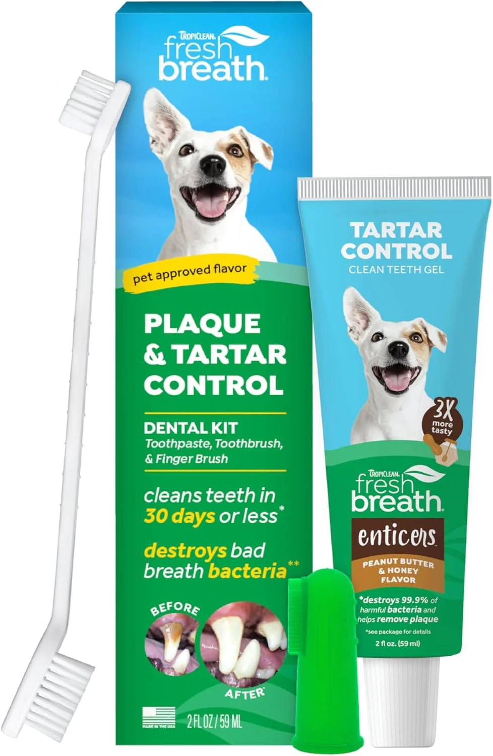 کیت کنترل پلاک و جرم دندان سگ تروپیکلین فرش برث | خمیر دندان سگ، مسواک و مسواک انگشتی | کیت مسواک سگ | طعم کره بادام زمینی