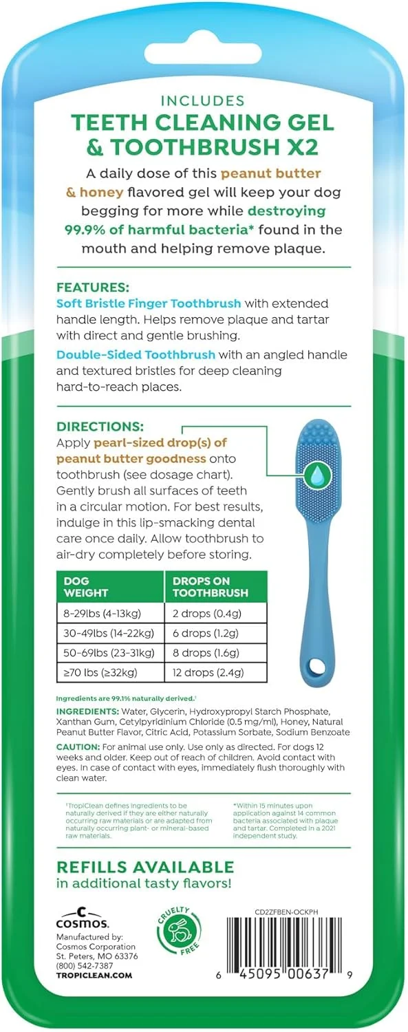 کیت مراقبت از دهان و دندان سگ TropiClean Fresh Breath - مسواک انگشتی با برس نرم - کیت مسواک زدن سگ - خمیر دندان سگ با طعم کره بادام زمینی و عسل