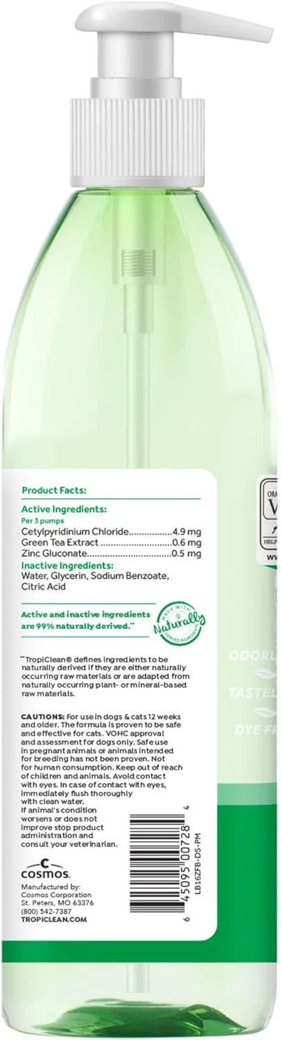 محلول افزودنی آب تنفسی تازه تروپیکلین برای سگ ها | خوشبو کننده تنفس و محلول تمیز کننده دندان سگ | بدون نیاز به خمیر دندان یا مسواک | ۴۷۳ میلی لیتر + پمپ