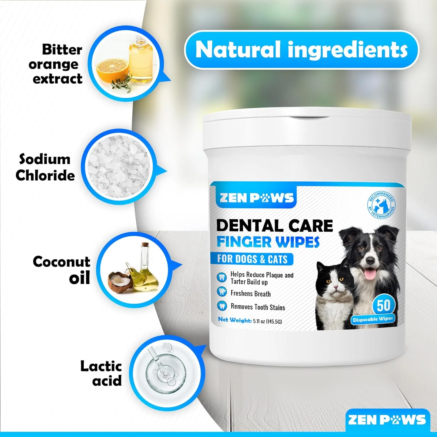 دستمال مرطوب تمیز کننده دندان و لثه Zenpaws برای سگ و گربه - کاهش پلاک، جرم و خوشبو کننده تنفس، دستمال مرطوب یکبار مصرف انگشتی سگ، 50 عدد