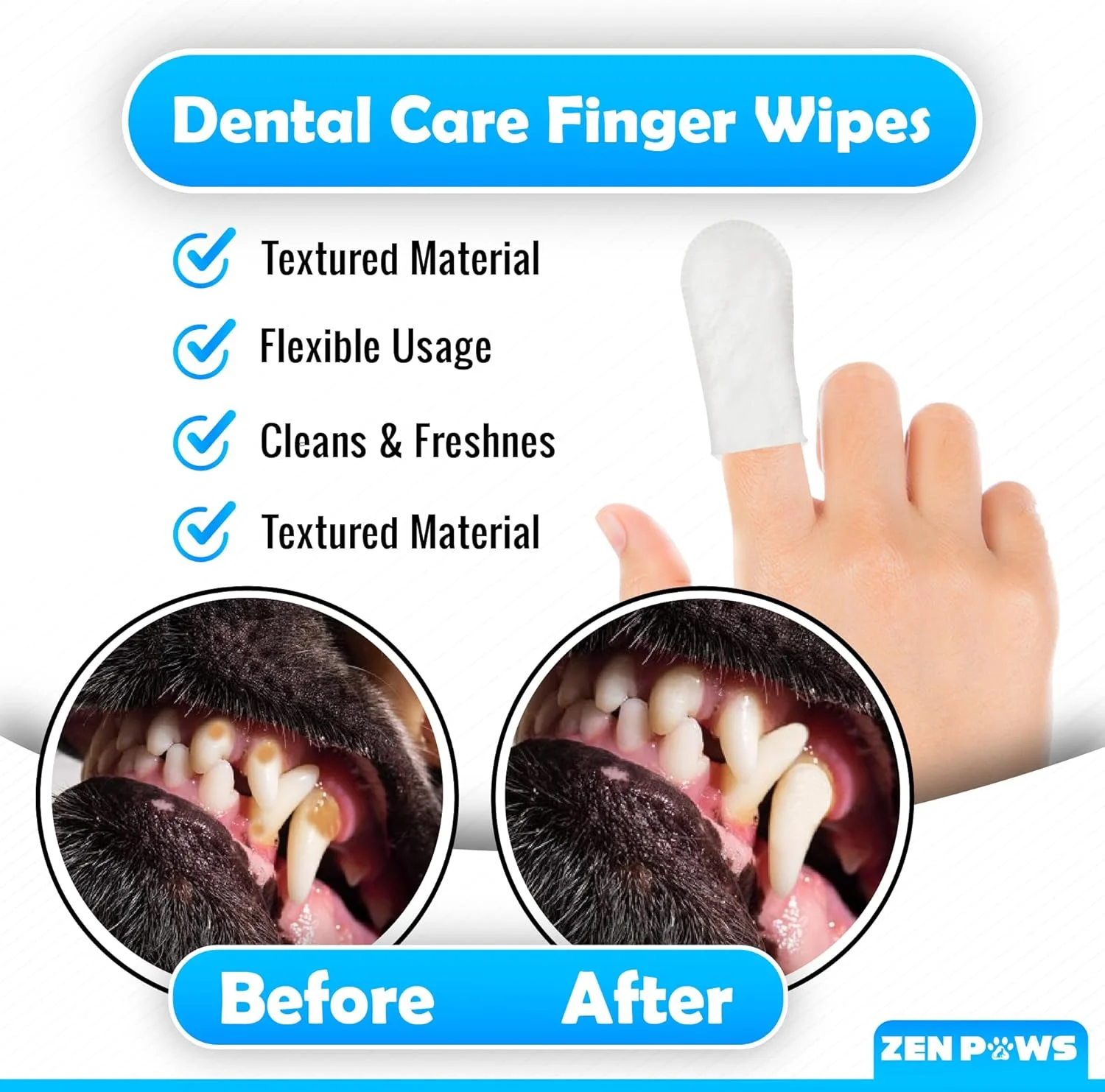 دستمال مرطوب تمیز کننده دندان و لثه Zenpaws برای سگ و گربه - کاهش پلاک، جرم و خوشبو کننده تنفس، دستمال مرطوب یکبار مصرف انگشتی سگ، 50 عدد