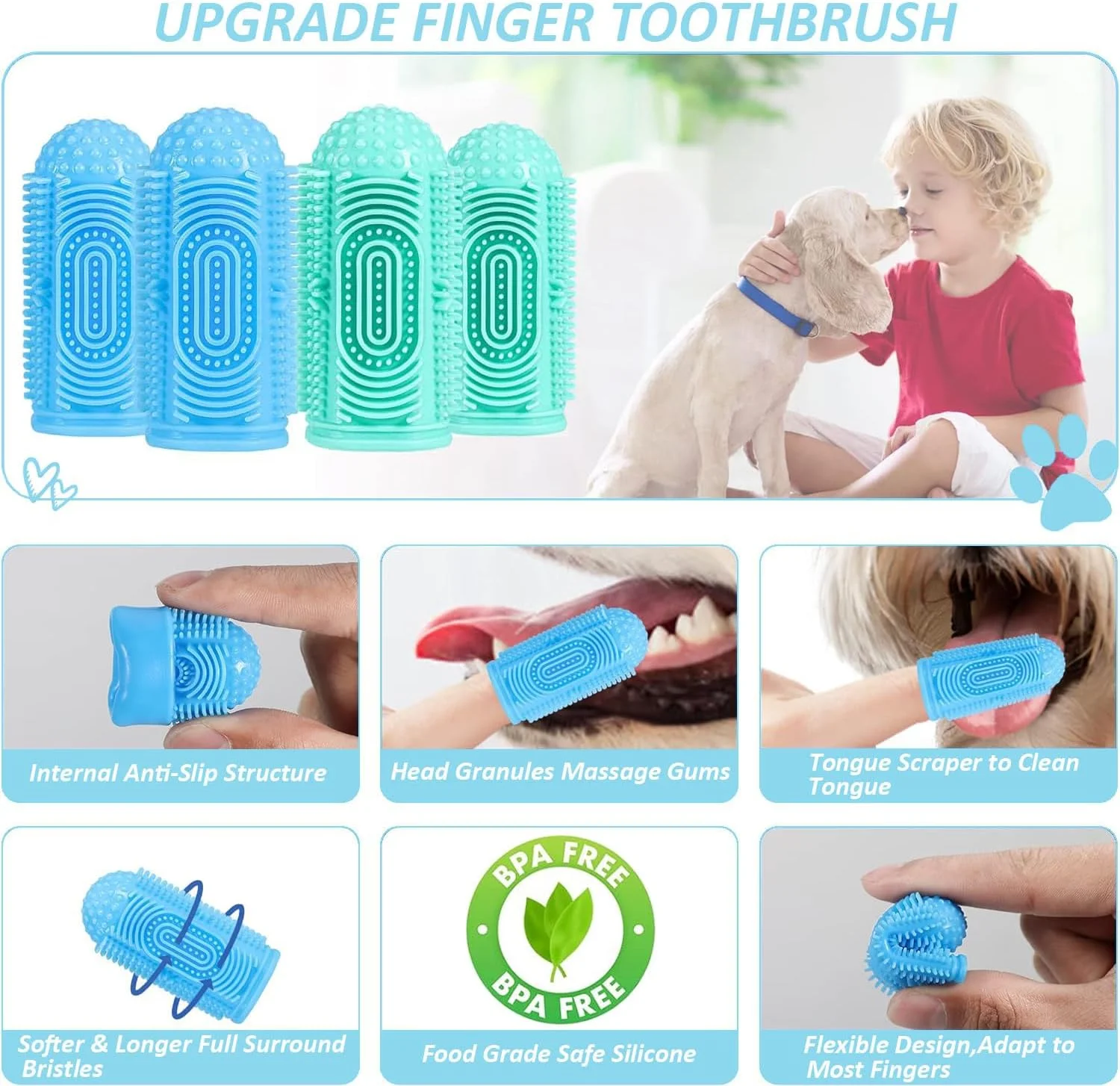 مسواک انگشتی ۳۶۰ درجه ارتقا یافته برای تمیز کردن دندان سگ و گربه، بسته ۴ عددی مسواک انگشتی سیلیکونی سگ و گربه با جعبه نگهداری، تمیز کردن آسان دندان سگ و مراقبت از دندان سگ