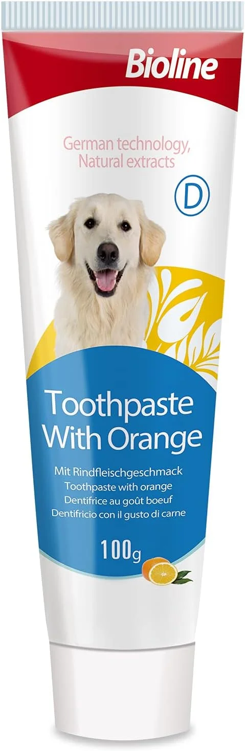 خمیر دندان سگ Bioline، تمیز کننده دندان، کنترل پلاک و جرم دندان برای سگ ها، از بین برنده بوی بد دهان، طعم پرتقال