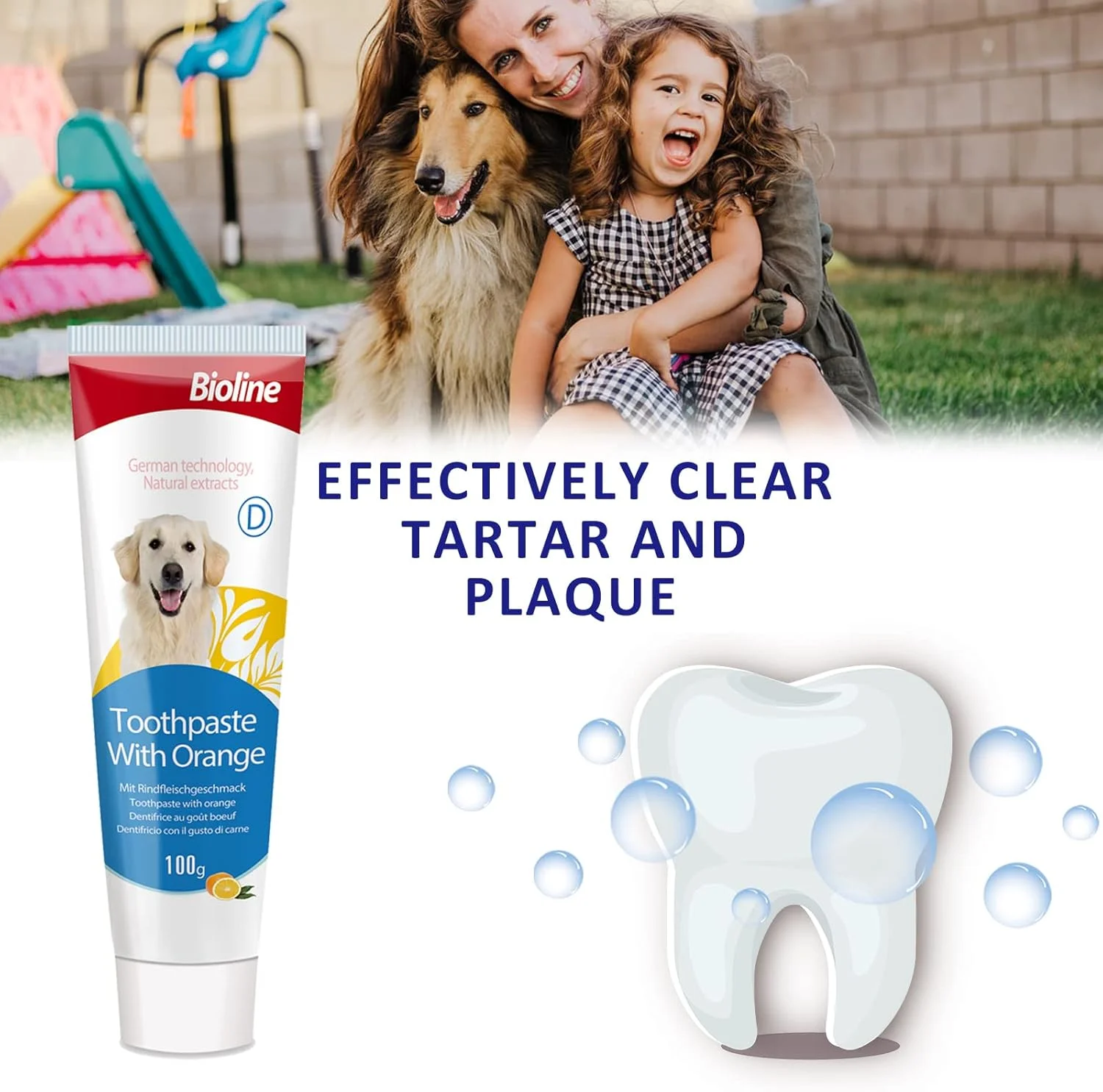 خمیر دندان سگ Bioline، تمیز کننده دندان، کنترل پلاک و جرم دندان برای سگ ها، از بین برنده بوی بد دهان، طعم پرتقال