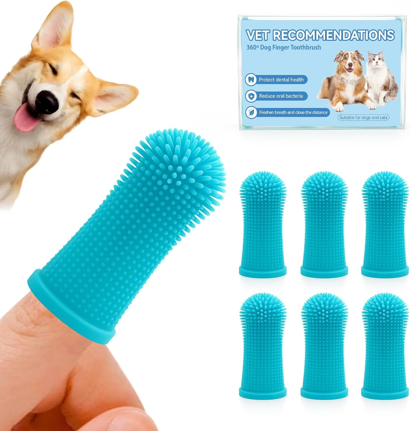 مجموعه مسواک سگ Aujzoo (6 عددی)، مسواک 360 درجه برای تمیز کردن دندان حیوانات خانگی، مسواک انگشتی سیلیکونی