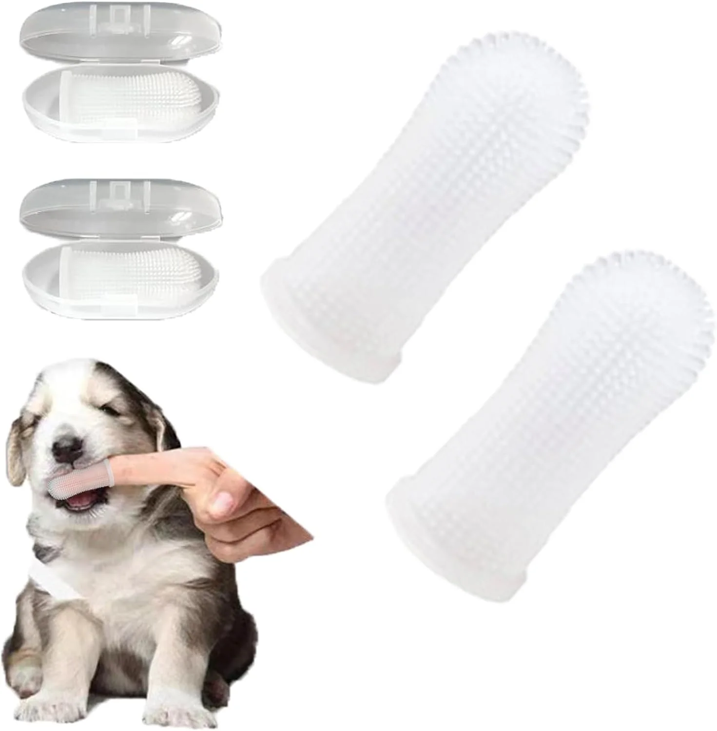 مسواک انگشتی سگ، مجموعه 2 عددی، مسواک و جعبه نگهداری، سیلیکون غیر سمی، تمیز کننده دندان و خوشبو کننده دهان، از بین برنده پلاک