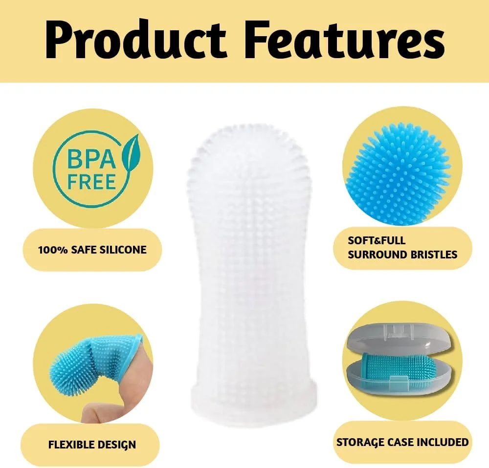 مسواک انگشتی سگ، مجموعه 2 عددی، مسواک و جعبه نگهداری، سیلیکون غیر سمی، تمیز کننده دندان و خوشبو کننده دهان، از بین برنده پلاک