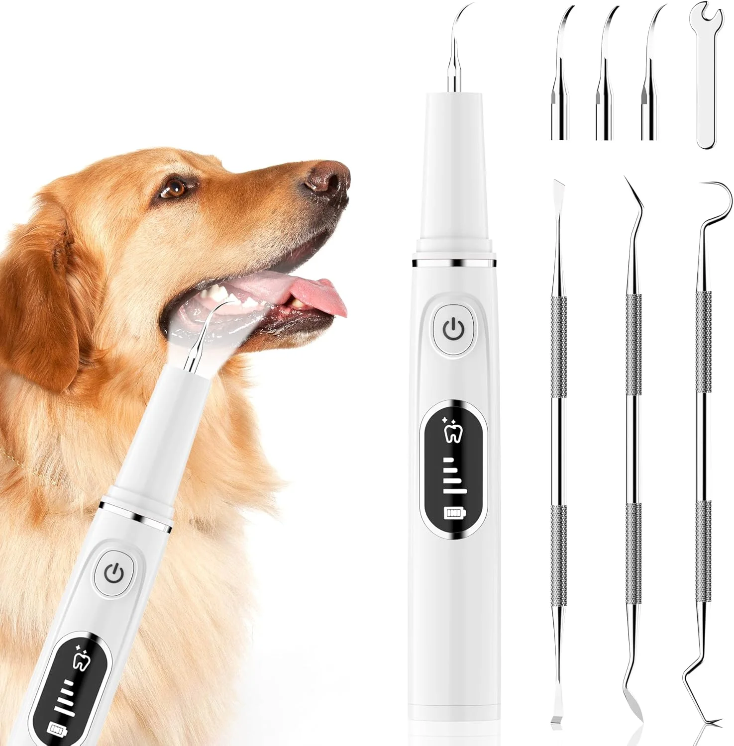 دستگاه جرم گیر دندان سگ و گربه - قابل شارژ، ایمن، اولتراسونیک، دارای صفحه نمایش OLED، کیت مسواک زدن دندان برای سگ/گربه، به همراه 3 سری تعویضی