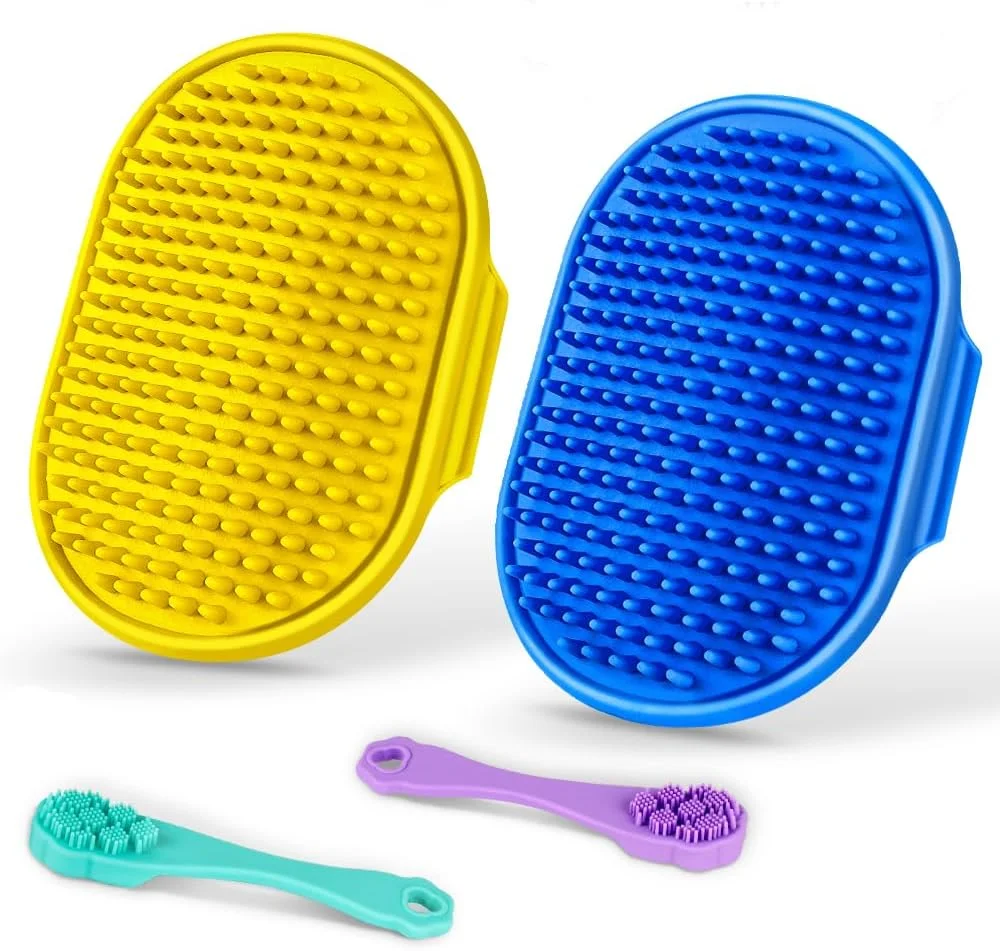 مجموعه 4 عددی لوازم حمام سگ | مسواک سگ | برس شامپو سگ | مسواک انگشتی سگ | برس ریزش موی سگ | برس شستشوی سگ | برس دوش سگ | اسکرابر سگ برای حمام (آبی، زرد)