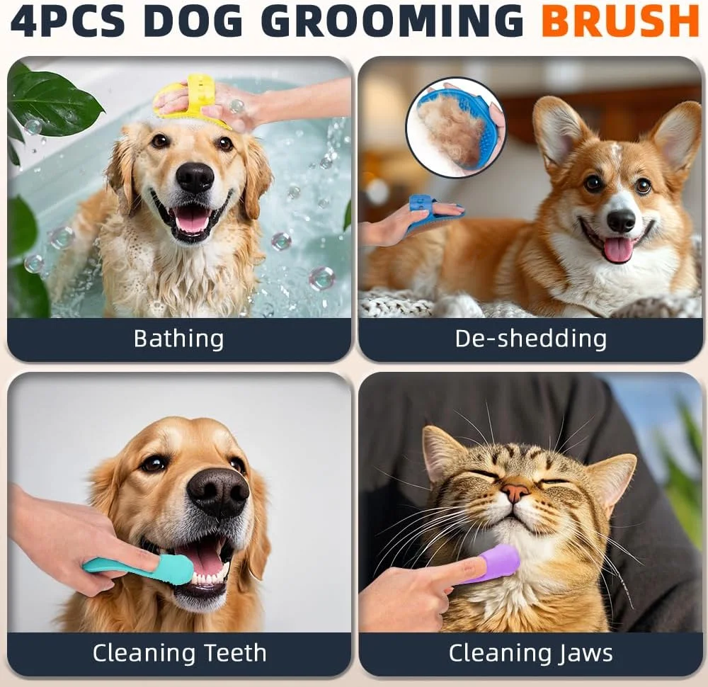مجموعه 4 عددی لوازم حمام سگ | مسواک سگ | برس شامپو سگ | مسواک انگشتی سگ | برس ریزش موی سگ | برس شستشوی سگ | برس دوش سگ | اسکرابر سگ برای حمام (آبی، زرد)