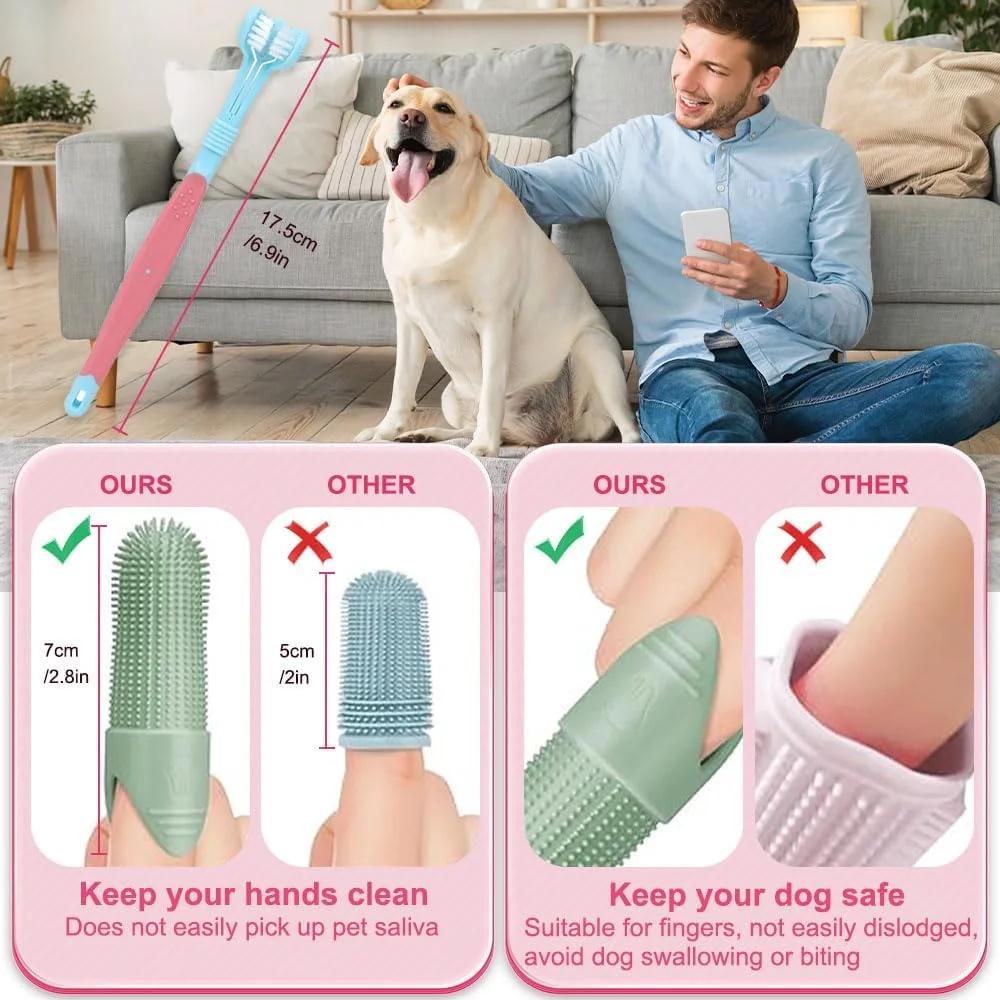 مجموعه 6 عددی مسواک سگ، 4 عدد مسواک انگشتی سگ و 2 عدد مسواک گربه سه سر، سیلیکون درجه غذایی، برس 360 درجه برای تمیز کردن دندان ها، مبارزه با جرم و بوی بد دهان