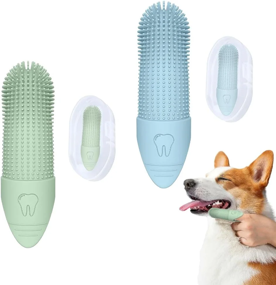 2 عدد مسواک انگشتی سگ، مسواک تمیز کننده دندان حیوانات خانگی سیلیکونی با موهای 360 درجه، کیت برس های دندانی سگ و گربه با جعبه های نگهداری برای تمیز کردن دندان، از بین بردن جرم و سلامت لثه