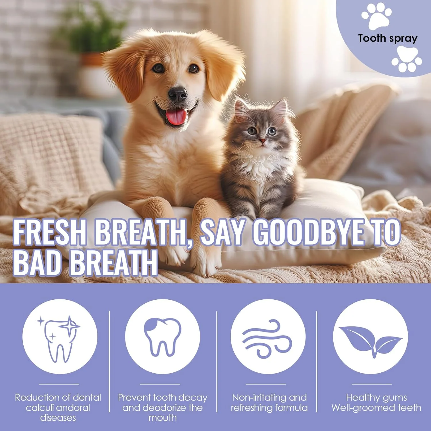اسپری دندان 150 میلی لیتری برای سگ ها و گربه ها، اسپری دندان برای تنفس تازه، ضد بوی بد دهان، تمیز کردن دندان و از بین بردن جرم، تمیز کردن دندان بدون برس، می تواند به بهداشت دهان و دندان کمک کند