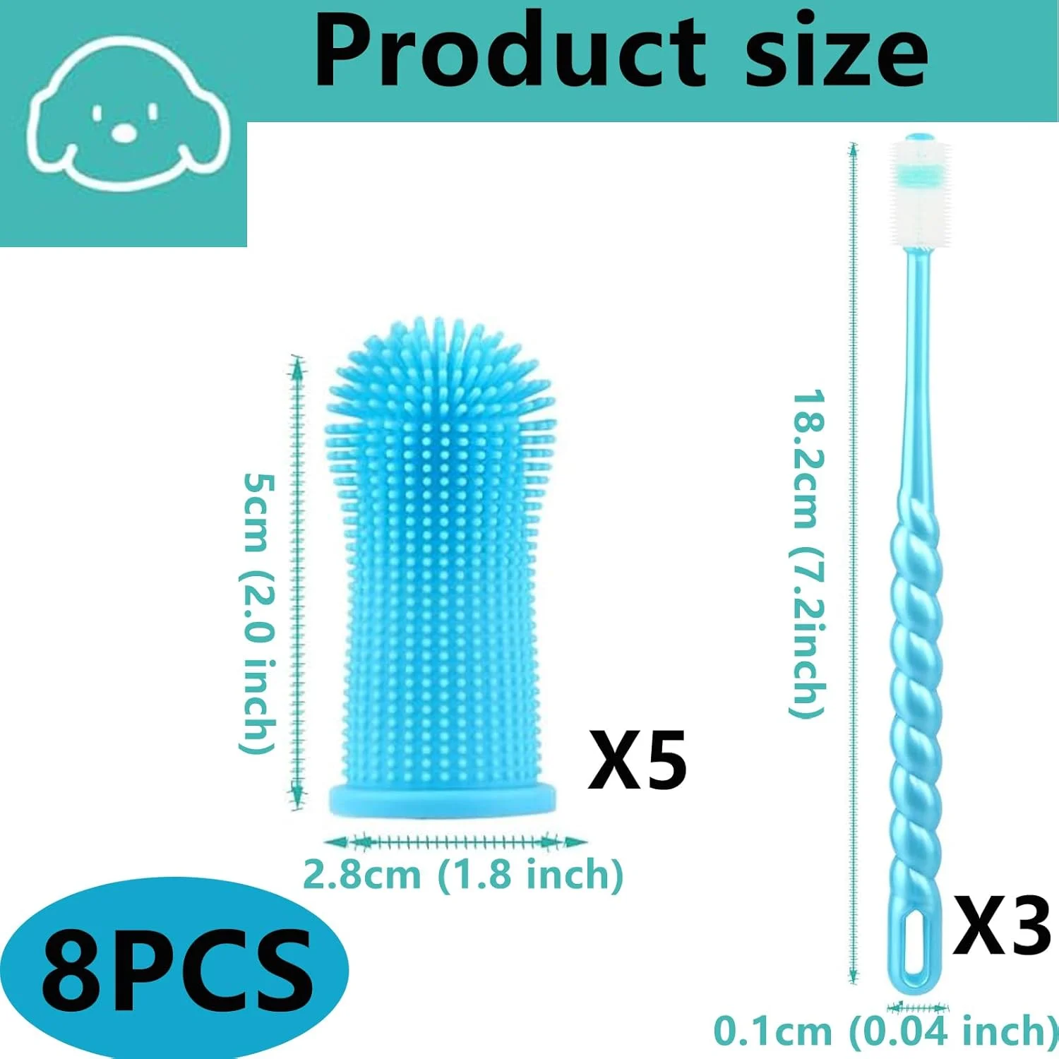 ست ۸ عددی مسواک سگ، مسواک انگشتی سگ، مسواک سیلیکونی ۳۶۰ درجه سگ