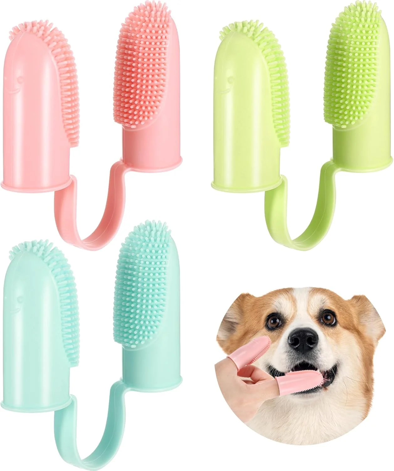 مسواک سه تکه برای سگ ها، مسواک انگشتی سگ با مواد TPR و طراحی نخ، تمیز کردن ملایم برای حذف موثر پلاک، برای استفاده ایمن در توله سگ ها و سگ های بالغ